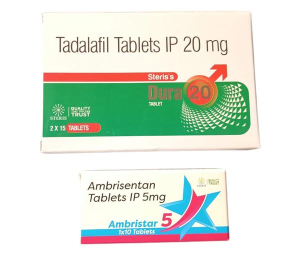 Ambrisentan + Tadalafil (5mg + 20mg) is a combination medication primarily used to treat pulmonary arterial hypertension (PAH), a condition characterized by high blood pressure in the arteries of the lungs. This combination works through a synergistic dual mechanism of action to improve pulmonary vascular health and reduce the strain on the heart.

Ambrisentan acts as an endothelin receptor antagonist, selectively blocking endothelin type A receptors. Endothelin is a naturally occurring substance that causes blood vessels to constrict, increasing blood pressure. By blocking these receptors, ambrisentan helps to relax and widen the pulmonary arteries, reducing vascular resistance and improving blood flow. Tadalafil, on the other hand, is a phosphodiesterase type 5 (PDE5) inhibitor that increases cyclic guanosine monophosphate (cGMP) levels, leading to vasodilation and enhanced blood flow. Together, these two drugs complement each other by reducing vessel constriction and promoting dilation, effectively lowering pulmonary arterial pressure and helping the right side of the heart pump more efficiently.​

The key benefits of the Ambrisentan + Tadalafil combination include improved exercise capacity, better heart function, and reduced symptoms of PAH such as shortness of breath and fatigue. Clinical studies have demonstrated that this combination significantly improves hemodynamics—the dynamics of blood flow—by reducing pulmonary vascular resistance and improving right ventricular (RV) function and structure. It also helps enhance patients' quality of life by increasing their ability to perform physical activities.​

While the combination is generally well tolerated, some side effects may occur. Common side effects include headache, nasal congestion, flushing, and swelling of the ankles or legs, which are typical of vasodilator therapies. Some patients may experience gastrointestinal symptoms such as nausea or indigestion. Less commonly, serious side effects such as liver enzyme elevation, hypotension (low blood pressure), or allergic reactions may occur. Patients should consult healthcare professionals before using this combination, especially those with low blood pressure, liver issues, or those taking nitrates due to potential interactions.​

In conclusion, Ambrisentan + Tadalafil (5mg + 20mg) provides an effective treatment option for patients with pulmonary arterial hypertension by combining two complementary mechanisms to relax and dilate pulmonary arteries, decrease vascular resistance, and improve heart function and exercise tolerance. Patients are advised to use this medication under medical supervision to ensure safety and monitor for possible side effects. This combination therapy represents a significant advancement in managing PAH and improving patient outcomes.​

This product is an important therapeutic option and should be integrated into a comprehensive PAH management plan that includes lifestyle modifications, regular monitoring, and adherence to prescribed treatment.