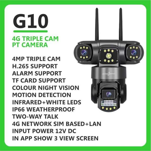 4MP TRIPLE CAM H.265 SUPPORT ALARM SUPPORT TF CARD SUPPORT COLOUR NIGHT VISION MOTION DETECTION INFRARED+WHITE LEDS IP66 WEATHERPROOF TWO-WAY TALK 4G NETWORK SIM BASED+LAN INPUT POWER 12V DC IN APP SHOW 3 VIEW SCREEN