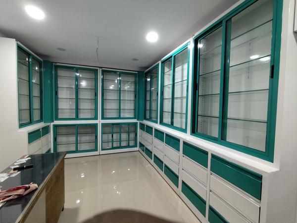 Mild steel powder coated display furniture for pharmacy or medical display racks.