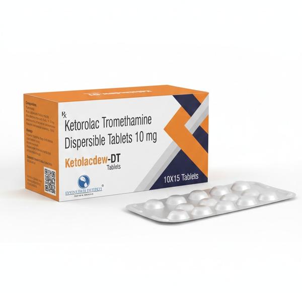 Ketolacdew-DT is a high-quality pharmaceutical formulation containing Ketorolac Tromethamine 10 mg, a potent non-steroidal anti-inflammatory drug (NSAID) known for its strong analgesic properties. This medicine is specifically designed for short-term management of moderate to severe acute pain, especially when immediate and effective relief is required.Ketorolac works by inhibiting prostaglandin synthesis, thereby reducing inflammation, swelling, and pain at the site of injury or surgical trauma. What sets Ketolacdew-DT apart is its dispersible tablet (DT) technology, which allows the tablet to dissolve rapidly in the mouth or water. This ensures faster absorption, quicker onset of action, and greater convenience for patients who have difficulty swallowing conventional tablets.Ketolacdew-DT is widely used in clinical practice for post-operative recovery, dental surgeries, musculoskeletal injuries, orthopedic pain, sprains, strains, and acute episodes of joint or back pain. Its fast-action formulation helps improve patient comfort, reduces dependency on injectable analgesics, and provides effective pain control within a short duration.The product is manufactured with strict quality standards to ensure purity, stability, and safety. Each tablet delivers precise dosing to achieve consistent therapeutic effects. However, due to its strong analgesic effect, Ketolacdew-DT is intended for short-term use only and should be taken under medical supervision, as prolonged use may increase the risk of gastrointestinal, renal, or bleeding-related complications.Ketolacdew-DT offers a combination of rapid relief, powerful pain reduction, and ease of administration, making it an ideal choice for doctors when treating acute painful conditions.