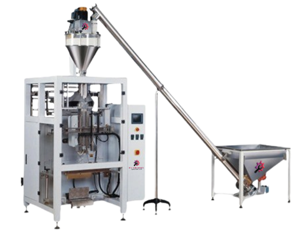 Heavy-Duty Fully Automatic Collar Type Servo-Auger Filler Machine for Atta Pouch Packaging [1 Kg - 10 Kg] including Product-Feeder System. Highly recommended for Free-Flowing Food & Non-Food Powder Pouch Packaging for Large Scale Production Capacity.