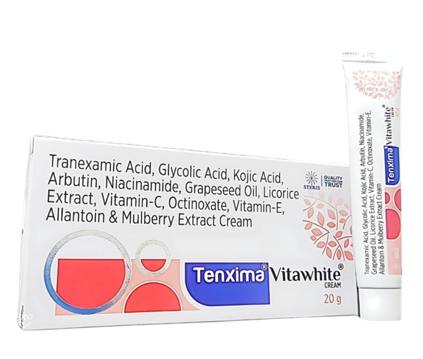 TENXIMA VITA WHITE CREAM is a potent skin-brightening and revitalizing formula designed to improve skin tone and texture. Infused with a powerful combination of Tranexamic Acid, Glycolic Acid, Kojic Acid, Arbutin, Niacinamide, and various natural extracts like Grapeseed Oil, Licorice Extract, Mulberry Extract, this cream works to reduce hyperpigmentation, dark spots, and uneven skin tone. It also provides antioxidant protection while promoting a radiant and glowing complexion. Key Ingredients: Tranexamic Acid: Helps reduce dark spots and melasma by inhibiting melanin production.Glycolic Acid: An alpha hydroxy acid (AHA) that exfoliates the skin, removing dead cells and promoting cell turnover.Kojic Acid: Known for its skin-lightening properties, it works to diminish dark spots and brighten the complexion.Arbutin: A natural skin brightener that helps reduce hyperpigmentation and age spots.Niacinamide: Also known as Vitamin B3, it improves skin elasticity, enhances the skin barrier, and evens out skin tone.Grapeseed Oil: Rich in antioxidants, it hydrates and soothes the skin, providing anti-inflammatory benefits.Licorice Extract: Known for its soothing and brightening properties, it helps in reducing redness and pigmentation.Vitamin C: A powerful antioxidant that brightens the skin and promotes collagen production.Octinoxate: Provides sun protection by absorbing UV rays, preventing further pigmentation.Vitamin E: An antioxidant that protects the skin from free radicals and moisturizes it.Allantoin: A skin-soothing ingredient that promotes cell regeneration and helps calm irritated skin.Mulberry Extract: Helps in skin brightening and reduces the appearance of dark spots. Key Benefits: Brightens Skin Tone: The combination of Tranexamic Acid, Kojic Acid, and Arbutin targets hyperpigmentation and dark spots, leaving the skin with a brighter and more even tone.Exfoliates and Renews: Glycolic Acid gently exfoliates dead skin cells, promoting a fresh, rejuvenated complexion.Fights Free Radicals: With powerful antioxidants like Vitamin C, Vitamin E, and Grapeseed Oil, the cream protects against environmental damage and premature aging.Soothes and Heals: Ingredients like Allantoin and Licorice Extract soothe irritated skin and promote healing, making it ideal for sensitive skin types.Hydrates and Moisturizes: Grapeseed Oil and Vitamin E ensure the skin stays hydrated and moisturized, maintaining softness and elasticity.Sun Protection: Octinoxate provides protection from harmful UV rays, helping prevent further sun-induced damage and pigmentation. How Does It Work? TENXIMA VITA WHITE CREAM works through a combination of skin-brightening, exfoliating, and antioxidant-rich ingredients. Tranexamic Acid and Kojic Acid block the enzyme responsible for melanin production, reducing pigmentation and dark spots over time. Glycolic Acid exfoliates the skin, encouraging the removal of dead cells and promoting the regeneration of fresh skin cells. Niacinamide works to improve skin texture and tone, while Vitamin C and Vitamin E protect the skin from oxidative stress and encourage collagen production for a firmer, youthful look. Additionally, Allantoin and Licorice Extract soothe the skin, reducing inflammation and promoting healing. Directions for Use: Cleanse: Start with a clean and dry face.Apply: Take a small amount of the cream and apply it evenly across the face and neck, focusing on areas with dark spots or pigmentation.Massage: Gently massage the cream into the skin using circular motions until fully absorbed.Use Daily: For best results, apply the cream twice daily, in the morning and evening. It is recommended to use sunscreen during the day to enhance the protection provided by Octinoxate. Side Effects: TENXIMA VITA WHITE CREAM is generally safe for all skin types. However, some users may experience mild side effects such as:Skin Irritation: Redness or slight irritation, especially if you have sensitive skin.Dryness: Some users may experience dryness due to the exfoliating action of Glycolic Acid.Photosensitivity: The presence of Glycolic Acid may increase skin sensitivity to sunlight. It is advised to use sunscreen when applying the cream during the day.