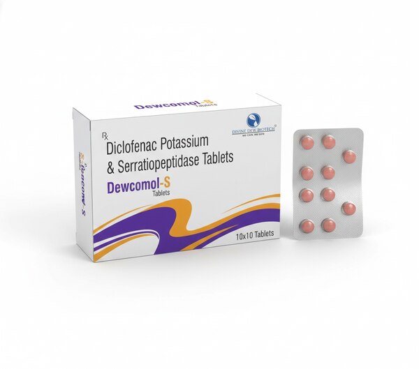 Dewcomol-S Tablets are a specially formulated combination of Diclofenac Potassium and Serratiopeptidase, designed to provide fast, effective, and long-lasting relief from pain, inflammation, and swelling. Diclofenac Potassium is a powerful non-steroidal anti-inflammatory drug (NSAID) known for its rapid absorption and quick onset of action, making it ideal for conditions that require immediate pain control. It works by blocking the production of prostaglandins—chemicals responsible for causing pain, swelling, and inflammation.Serratiopeptidase, a proteolytic enzyme, enhances the overall effectiveness of the formulation by targeting inflammation at the tissue level. It helps break down inflammatory proteins, reduces edema, minimizes swelling, and improves tissue healing. Together, these ingredients work synergistically to provide superior relief from both acute and chronic painful conditions.Dewcomol-S is widely recommended for various musculoskeletal disorders, including joint pain, muscle stiffness, sprains, strains, sports injuries, back pain, and arthritis-related inflammation. It is also beneficial after surgeries or injuries where swelling, tissue damage, and pain need efficient management. The combined action not only reduces discomfort but also helps restore normal mobility and daily functioning more quickly.Marketed by Divine Dew Biotech, Dewcomol-S ensures high-quality standards, safety, and consistent therapeutic performance. Its formulation is designed for optimal patient comfort, offering dependable relief while supporting the body’s natural healing processes. When taken under medical supervision, Dewcomol-S becomes a reliable choice for patients seeking effective pain management and faster recovery.