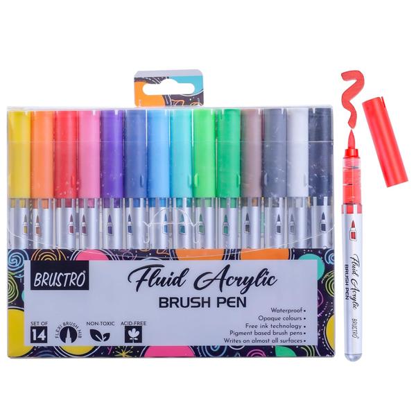 BRUSTRO Fluid Acrylic Brush Pen | Set of 14 Basic Shades