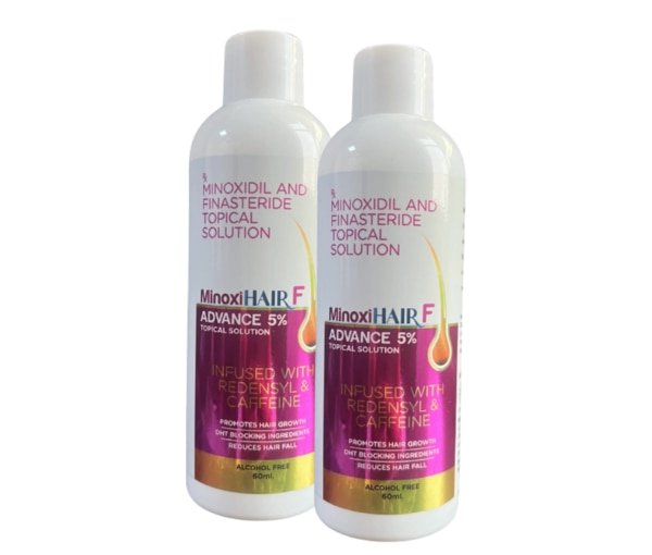 MINOXIHAIR F ADVANCE 5% is a clinically proven topical solution designed to combat hair loss and stimulate hair regrowth. It combines two highly effective ingredients, Minoxidil (5% w/v) and Finasteride (0.1% w/v), to promote stronger, healthier hair. Whether you're dealing with male or female pattern baldness, this advanced formulation helps restore hair density and provides visible results when used consistently. Key Benefits of MINOXIHAIR F ADVANCE 5%: Promotes Hair Regrowth: The combination of Minoxidil and Finasteride stimulates the hair follicles, leading to noticeable hair regrowth over time.Reduces Hair Loss: By inhibiting the production of DHT, Finasteride reduces the chances of hair loss, especially in individuals with pattern baldness.Increases Hair Thickness: Minoxidil promotes thicker and denser hair by revitalizing dormant hair follicles.Improves Scalp Health: Minoxidil’s vasodilatory effects enhance blood circulation in the scalp, which nourishes hair follicles and promotes healthier hair growth.Dual Action Formula: With the combined power of Minoxidil and Finasteride, this product addresses both the cause and symptoms of hair loss for comprehensive results. How Does MINOXIHAIR F ADVANCE 5% Work? MINOXIHAIR F ADVANCE 5% works through a dual-action mechanism. Minoxidil stimulates hair follicles directly by increasing blood flow to the scalp and prolonging the growth phase of hair. It also helps to increase the size of hair follicles, resulting in thicker hair strands.Finasteride works internally by inhibiting the enzyme 5-alpha-reductase, which converts testosterone into DHT. By lowering DHT levels in the scalp, Finasteride prevents hair follicles from shrinking, which is the leading cause of pattern baldness. This dual action makes MINOXIHAIR F ADVANCE 5% highly effective in treating hair loss and improving hair density. Directions for Use: Clean and Dry the Scalp: Wash your scalp with a mild shampoo and dry it completely before application.Apply the Solution: Using the provided dropper, apply MINOXIHAIR F ADVANCE 5% directly to the affected areas of the scalp. Typically, 1ml of the solution should be applied twice a day (morning and night) to clean, dry hair.Massage Gently: Gently massage the solution into the scalp to ensure even distribution.Allow to Dry: Let the solution dry completely before styling your hair or wearing headgear.Consistency is Key: For optimal results, use the solution consistently and regularly for several months. It may take at least 4-6 months to begin seeing noticeable results. Side Effects: MINOXIHAIR F ADVANCE 5% is generally well-tolerated; however, like any medication, it may cause side effects in some individuals. Common side effects include:Scalp Irritation: Some users may experience dryness, itching, or flaking at the application site.Dizziness or Lightheadedness: Though rare, some individuals may feel lightheaded or dizzy when standing up quickly.Unwanted Facial Hair Growth: In women, Minoxidil may cause unwanted hair growth on the face or hands if the product comes into contact with these areas.Decrease in Libido: Finasteride can occasionally cause a decrease in sexual desire or performance.Chest Pain or Palpitations: Some users may experience a mild sensation of chest tightness or heart palpitations, though these symptoms are uncommon.Allergic Reactions: Signs of an allergic reaction, such as swelling, rash, or difficulty breathing, require immediate medical attention.