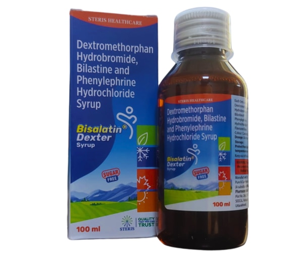 Bisalatin Dexter SyrupDextromethorphan Hydrobromide IP 10 mg, Bilastine IP 3.3 mg, Phenlephrine Hydrochloride IP 5 mgBisalatin Dexter Syrup is a comprehensive solution designed to provide relief from common cold and allergy symptoms, such as cough, runny nose, and nasal congestion. This powerful syrup combines the benefits of three active ingredients—Dextromethorphan Hydrobromide, Bilastine, and Phenylephrine Hydrochloride—to deliver effective and fast-acting relief. Whether you're dealing with a persistent cough or the discomfort of a stuffy nose, Bisalatin Dexter Syrup is formulated to help you feel better quickly. Key Ingredients Dextromethorphan Hydrobromide IP (10 mg): A well-known cough suppressant, Dextromethorphan Hydrobromide works by affecting the signals in the brain that trigger the cough reflex, providing relief from dry, irritating coughs.Bilastine IP (3.3 mg): Bilastine is an antihistamine that helps alleviate allergy symptoms such as sneezing, runny nose, and itching. It works by blocking the action of histamine, a substance in the body that causes allergic reactions.Phenylephrine Hydrochloride IP (5 mg): Phenylephrine Hydrochloride is a decongestant that helps relieve nasal congestion by narrowing the blood vessels in the nasal passages, reducing swelling and congestion. Key Benefits Cough Relief: Dextromethorphan Hydrobromide effectively suppresses dry coughs, helping you breathe easier and sleep better.Allergy Symptom Relief: Bilastine provides relief from various allergy symptoms, including sneezing, runny nose, and itchy eyes.Nasal Decongestion: Phenylephrine Hydrochloride reduces nasal congestion, allowing you to breathe more comfortably through your nose.Comprehensive Care: The combination of these three ingredients provides a well-rounded approach to managing cold and allergy symptoms, offering both cough suppression and relief from nasal congestion and allergy discomfort. How Does It Work? Bisalatin Dexter Syrup works by targeting multiple symptoms associated with colds and allergies:Dextromethorphan Hydrobromide acts on the cough center in the brain to reduce the urge to cough.Bilastine blocks the H1 receptors in the body, preventing histamine from causing allergic reactions.Phenylephrine Hydrochloride constricts the blood vessels in the nasal passages, reducing swelling and congestion, making it easier to breathe.Together, these ingredients provide a synergistic effect, ensuring quick and effective relief from cough, allergies, and nasal congestion. Directions for Use Dosage: The recommended dosage for adults and children over 12 years is [insert specific dosage here, as per package instructions]. For children under 12 years, consult a healthcare provider before use.Administration: Shake the bottle well before use. Measure the syrup with the provided dosing cup or spoon. Take the syrup by mouth, with or without food, as directed by your doctor or pharmacist.Frequency: Follow the recommended dosage schedule provided by your healthcare provider or the product label. Do not exceed the prescribed dose. Side Effects While Bisalatin Dexter Syrup is generally well-tolerated, some individuals may experience mild side effects, including:DrowsinessDizzinessDry mouthNauseaHeadache 