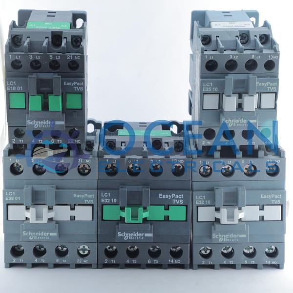 Schneider Electric EasyPact TVS Power ContactorsReliable & Efficient Motor Control SolutionsThe Schneider Electric EasyPact TVS series of power contactors provides a robust and economical solution for motor control and power distribution applications across various industrial and commercial settings. Designed for reliability and ease of installation, these contactors offer excellent performance without compromising on quality.Key Features & BenefitsRobust Performance: Built to handle demanding conditions, the contactors ensure reliable performance in diverse operating environments. They have high breaking capacities and can handle significant AC-1 (resistive load) and AC-3 (motor control) currents.High Durability: Enjoy long mechanical and electrical life, which minimizes maintenance requirements and reduces downtime in your operations.Safety & Compliance: These contactors are multi-standard certified (IEC, CCC, EAC, CE) and feature built-in safety mechanisms to protect both personnel and equipment.Easy Installation: Designed for user-friendly setup, the compact form factor allows for flexible mounting on a DIN rail or plate, saving valuable panel space.Versatile Applications: Ideal for a wide range of uses, including AC motor starters (DOL, Star-Delta), lighting control, HVAC systems, pumps, and general automation panels.Available ModelsThe EasyPact TVS range includes various current ratings and auxiliary contact configurations to meet your specific needs. The models shown include:LC1E18 01: 3-pole contactor, typically 18A AC-3.LC1E38 01: 3-pole contactor, typically 38A AC-3.LC1E25 10: 3-pole contactor, typically 25A AC-3.LC1E32 10: 3-pole contactor, typically 32A AC-3.