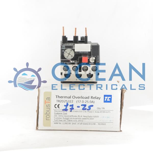 Ocean Electricals Surat: C&S RobusTa TR2D25322 Thermal Overload Relay (17-25A)Safeguard your industrial motors with the reliable and robust C&S TR2D25322 thermal overload relay, available locally from Ocean Electricals in Surat. This essential safety device provides protection against damaging overloads and phase failures, ensuring the longevity and efficiency of your electrical systems.Key Features:Precise Protection: Adjustable current setting range of 17.0 to 25.0 Amp for tailored motor protection.High Power Compatibility: Suitable for use with motors up to 11 kW (at 415V).Reliable Standards: Designed and manufactured to meet international standards (IEC60947-1, IEC60947-4-1 & IEC60947-5-1), ensuring quality and safety.Easy Integration: Features direct mounting capability for seamless combination with compatible contactors.Manual/Auto Reset: Equipped with 'Auto' and 'Reset' functions for operational flexibility.Local Availability: Purchase directly from Ocean Electricals, your trusted electrical equipment supplier in Surat.Keep your operations running smoothly and safely. Contact Ocean Electricals today for the best prices and expert advice on motor protection solutions.
