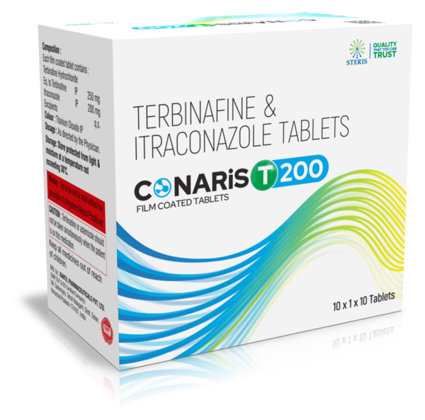CONARIS T200 is a potent antifungal combination tablet containing Terbinafine 250 mg and Itraconazole 200 mg, formulated to provide effective treatment for various fungal infections. Fungal infections of the skin, nails, and hair are common in India due to the hot and humid climate. These infections can cause itching, redness, scaling, and discomfort, affecting daily life and confidence.By combining two powerful antifungal agents, CONARIS T200 targets fungal infections effectively, providing faster relief and improved recovery compared to monotherapy. Terbinafine works by inhibiting fungal cell growth, while Itraconazole disrupts fungal cell membrane formation, resulting in a comprehensive antifungal effect.UsesCONARIS T200 is primarily prescribed for the management of:Dermatophytosis (Ringworm, Tinea Infections)Treats fungal infections affecting skin, nails, and scalp.Onychomycosis (Fungal Nail Infection)Helps in eliminating nail fungus and promotes healthy nail growth.Candidiasis (Yeast Infections)Effective against mucocutaneous and superficial candidal infections.Other Superficial Fungal InfectionsUseful in treating skin infections caused by dermatophytes, yeasts, and other fungi.This combination is particularly beneficial for chronic, resistant, or recurrent fungal infections.Benefits1. Broad-Spectrum Antifungal ActivityThe dual action of Terbinafine and Itraconazole ensures effectiveness against a wide range of fungi, providing comprehensive treatment.2. Faster Symptom ReliefPatients experience reduced itching, redness, scaling, and discomfort sooner than with single antifungal therapy.3. Promotes HealingSupports the restoration of healthy skin and nails, improving appearance and comfort.4. Reduces RecurrenceThe combination therapy helps prevent fungal infections from returning, especially in chronic or resistant cases.5. Convenient Oral AdministrationOnce or twice-daily tablet dosing improves patient compliance compared to topical treatments.6. Suitable for AdultsFormulated for adult patients suffering from persistent fungal infections that require systemic therapy.DosageThe recommended dose of CONARIS T200 is usually one tablet once daily, or as directed by a physician.Duration of therapy depends on the type and severity of infection:Skin infections: Typically 2–4 weeksNail infections: May require 6–12 weeks or longer for full recoveryImportant Instructions:Swallow the tablet whole with water.Take the medicine after food to reduce stomach upset.Do not skip doses and complete the full course even if symptoms improve.Always follow the prescribing doctor’s instructions to ensure optimal results.Side EffectsCONARIS T200 is generally well-tolerated, but some patients may experience mild side effects:Nausea and vomitingStomach discomfort or indigestionHeadacheDizzinessSerious but Rare Side EffectsLiver function disturbancesAllergic reactions such as rash or swellingSevere gastrointestinal discomfortIf any unusual or severe symptoms appear, consult a healthcare professional immediately.Precautions and WarningLiver and Kidney Disorders: Use with caution; liver function tests may be recommended during therapy.Pregnancy and Breastfeeding: Consult your doctor before use; safety has not been fully established.Drug Interactions: Inform your doctor about other medications, particularly antacids, anticoagulants, or statins.Allergy: Avoid if allergic to Terbinafine, Itraconazole, or any other ingredient in the tablet.Alcohol Consumption: Limit alcohol intake, as it may increase the risk of liver-related side effects.ConclusionCONARIS T200 (Terbinafine 250 mg + Itraconazole 200 mg) is an effective and trusted antifungal combination for the treatment of a variety of superficial and chronic fungal infections. By targeting fungi through dual mechanisms, it provides faster relief, promotes healing, and helps prevent recurrence. With proper dosing, adherence to medical advice, and monitoring for side effects, CONARIS T200 offers a comprehensive solution for adults dealing with persistent fungal infections, helping restore healthy skin, nails, and overall comfort.
