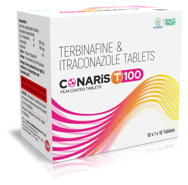 CONARIS T100 is a potent antifungal medication formulated with Terbinafine 250 mg and Itraconazole 100 mg. This combination tablet is designed to treat a wide range of fungal infections affecting the skin, nails, and other body parts. Terbinafine and Itraconazole work synergistically to eliminate fungi effectively by targeting their cell membranes and inhibiting growth, providing faster relief from symptoms such as itching, redness, scaling, and discomfort.Fungal infections are common in humid climates and among individuals with compromised immunity, and medications like CONARIS T100 are essential for managing stubborn and recurrent infections. This combination therapy is often prescribed by dermatologists and healthcare professionals for moderate to severe fungal conditions.UsesCONARIS T100 is used in the treatment of several fungal infections, including:Dermatophytosis (Ringworm): Effective against infections of the skin, hair, and nails caused by dermatophytes.Onychomycosis (Nail Fungus): Helps in treating fungal infections of fingernails and toenails.Tinea Infections: Treats tinea corporis, tinea cruris, and tinea pedis (athlete’s foot).Candidiasis: Useful in managing Candida infections affecting the skin and mucous membranes.Recurrent or Resistant Fungal Infections: Provides stronger antifungal action in cases not responsive to monotherapy.Benefits1. Broad-Spectrum Antifungal ActionThe combination of Terbinafine and Itraconazole ensures effective activity against a wide variety of fungal species, including dermatophytes and yeasts.2. Faster Symptom ReliefBy targeting fungi at multiple levels, CONARIS T100 helps relieve itching, redness, scaling, and discomfort more quickly than single-agent therapy.3. Treats Nail and Skin InfectionsTerbinafine penetrates nails effectively, while Itraconazole enhances the antifungal spectrum, making the combination ideal for nail and skin fungal infections.4. Reduces RecurrenceCombination therapy decreases the risk of fungal infections returning by ensuring complete eradication of the pathogen.5. Convenient Dosage FormAvailable as an oral tablet, making it easy to administer and suitable for long-term treatment if prescribed.DosageAdults: Usually, one tablet of CONARIS T100 daily, preferably after meals, or as directed by a healthcare professional.Treatment Duration: Varies depending on the type and severity of infection; may range from 2 to 12 weeks for skin infections and longer for nail infections.Important: Do not self-adjust dosage or stop treatment prematurely, as incomplete therapy can lead to recurrence or resistance.Side EffectsCONARIS T100 is generally well tolerated when used as prescribed. Mild side effects may include:Nausea or vomitingStomach upset or diarrheaHeadacheDizzinessSerious Side Effects (Rare)Liver enzyme elevation (monitoring recommended for long-term use)Allergic reactions such as rash, itching, or swellingSevere gastrointestinal discomfortConsult a healthcare provider immediately if you experience jaundice, persistent fatigue, or severe allergic reactions.Precautions and WarningPregnancy and Breastfeeding: Use only if prescribed by a doctor; safety during pregnancy is not fully established.Liver or Kidney Disorders: Dose adjustment or close monitoring may be required.Drug Interactions: Inform your doctor about all medications, especially antifungals, statins, or anticoagulants.Avoid Self-Medication: Fungal infections may mimic other skin conditions, so proper diagnosis is essential.Alcohol Consumption: Avoid alcohol as it may increase liver toxicity risk.Storage: Store in a cool, dry place away from direct sunlight and out of children’s reach.ConclusionCONARIS T100, containing Terbinafine 250 mg and Itraconazole 100 mg, is a reliable and effective treatment for a wide spectrum of fungal infections, including skin, nail, and mucosal infections. Its dual-action antifungal mechanism provides faster symptom relief, reduces recurrence, and improves overall patient outcomes.When used under medical supervision and following prescribed dosage, CONARIS T100 offers a safe and convenient option for managing both common and stubborn fungal infections, ensuring better skin and nail health and enhanced quality of life.