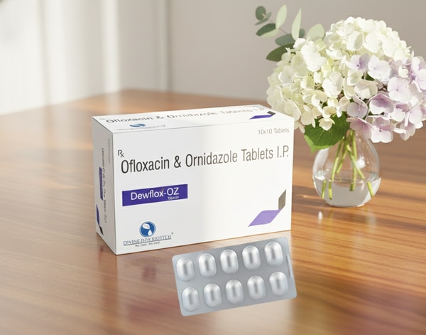Dewflox-OZ Tablets are a combination antimicrobial formulation containing Ofloxacin and Ornidazole, designed to provide broad-spectrum coverage against bacterial as well as protozoal infections. This dual-action therapy is especially effective in treating infections of the gastrointestinal tract, where mixed infections are commonly seen. Dewflox-OZ works by eliminating harmful microorganisms responsible for infection and preventing their further multiplication, ensuring faster and sustained recovery.Ofloxacin is a fluoroquinolone antibiotic that acts by inhibiting bacterial DNA gyrase and topoisomerase IV, enzymes essential for bacterial DNA replication and repair. This results in the rapid destruction of susceptible bacteria. Ornidazole, on the other hand, is an antiprotozoal and antibacterial agent that disrupts DNA synthesis in anaerobic bacteria and protozoa, leading to cell death. The synergistic action of these two medicines makes Dewflox-OZ highly effective in treating mixed bacterial-protozoal infections.Dewflox-OZ Tablets are widely prescribed in conditions such as acute and chronic diarrhea, dysentery, amoebiasis, giardiasis, gastroenteritis, intestinal infections, and other abdominal infections. It helps in relieving symptoms like frequent loose motions, abdominal cramps, bloating, nausea, weakness, and infection-related discomfort. The medicine not only treats the infection but also helps restore normal gut health when taken for the complete prescribed course.This formulation is suitable for adult patients and should always be used under medical supervision. Regular intake as prescribed ensures effective infection control and prevents recurrence or antibiotic resistance.
