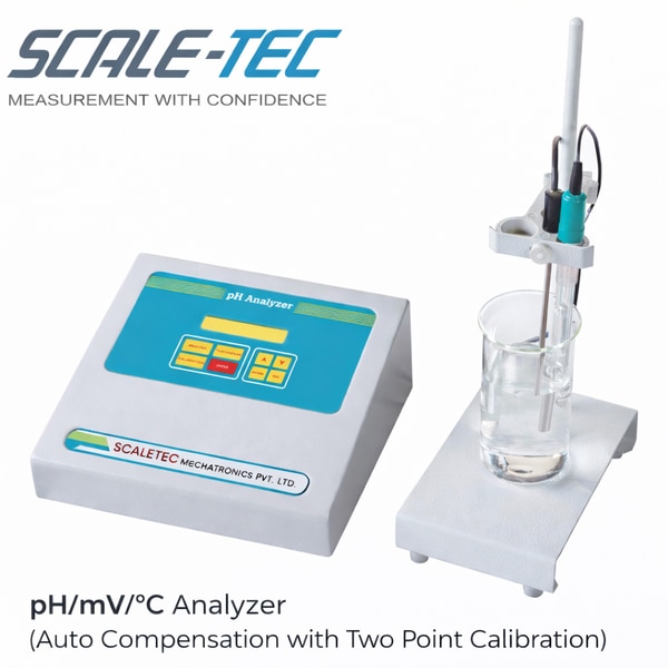 The Scaletec pH/mV/°C Analyzer is a precision-engineered laboratory instrument designed for accurate, stable, and repeatable measurement of pH, millivolt (mV), and temperature (°C). Built to meet the demanding requirements of modern analytical laboratories, this analyzer combines advanced measurement technology with ease of operation and long-term reliability.Featuring Automatic and Manual Temperature Compensation, the instrument ensures accurate pH readings across a wide temperature range. The two/three point calibration system with auto buffer recognition enhances accuracy and consistency, making it ideal for both routine testing and critical analytical applications.The analyzer provides simultaneous display of pH, mV, and temperature, supported by a 16 x 2 alphanumeric backlit LCD for clear visibility. With built-in diagnostic messages and a short link for troubleshooting, the system minimizes downtime and simplifies maintenance.Designed with a rugged housing and waterproof membrane keypad compliant with UL & ROHS standards, the Scaletec pH/mV/°C Analyzer is suitable for continuous laboratory use in pharmaceutical, chemical, food, water testing, research, and educational environments.Standard Accessories SuppliedCombination Glass pH Electrode (0–70°C)Standard Buffer Tablets: 7.00 pH, 4.01 pH & 9.18 pHTemperature ProbeElectrode Stand with Clamp, Base Plate & RodDust CoverDC AdaptorOperational & Instruction Manual with SOPCalibration Test Certificate (Without Traceability Document)Warranty CardTechnical Specifications pH MeasurementRange: –1.00 to 15.00 pHResolution: 0.01 pHRelative Accuracy: ±0.02 pHmV MeasurementRange / Accuracy: ±2000.0 mV / 0.2 mV or ±0.05% of reading (whichever is greater)Temperature MeasurementRange: 0 to 130.0°CRelative Accuracy: ±0.1°CTemperature Compensation: Auto / ManualTemperature Calibration: In-built software, user-calibratableCalibration & PerformanceSlope Range: 80–120%Slope Count:1 slope for Two-point calibration2 slopes for Three-point calibrationAuto Buffer Recognition:Two-point: 7.00 & 4.01 / 9.18 pH @25°CThree-point: 4.01, 7.00, 9.18 / 10.01 pH @25°CBuffer Standards: US / NIST & EURODisplay & InterfaceDisplay Reading: Simultaneous pH, mV & TemperatureDisplay Type: 16 × 2 Line Alphanumeric Backlit LCDKeypad: Waterproof membrane polycarbonate soft keypad (UL/ROHS compliant)Diagnostics & SafetyError MessagesShort LinkPower & Physical DetailsPower Supply: DC AdaptorNet Dimensions: 22 × 21 × 11 cm (L × W × H)Gross Dimensions: 32 × 29 × 23 cm (L × W × H)Net Weight: 1.5 kgGross Weight: 3.5 kg