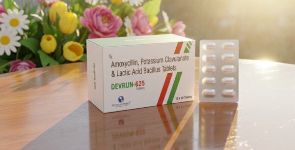 DEVRUN-625 Tablets are a combination antibiotic medicine formulated with Amoxycillin, Potassium Clavulanate, and Lactic Acid Bacillus. This advanced formulation is designed to treat a broad range of bacterial infections while supporting gut health during antibiotic therapy.Amoxycillin is a well-established penicillin-class antibiotic that works by preventing the formation of bacterial cell walls, leading to the elimination of infection-causing bacteria. Potassium Clavulanate enhances the effectiveness of amoxycillin by inhibiting beta-lactamase enzymes produced by resistant bacteria, thereby extending the antibiotic’s spectrum of action. The inclusion of Lactic Acid Bacillus helps maintain and restore healthy intestinal flora, reducing the risk of diarrhea and other gastrointestinal side effects commonly associated with antibiotics.DEVRUN-625 Tablets are widely used in the treatment of respiratory tract infections, ear, nose, and throat infections, urinary tract infections, skin and soft tissue infections, and dental infections. This combination ensures effective bacterial eradication along with improved digestive tolerance.When taken as prescribed by a healthcare professional, DEVRUN-625 Tablets provide reliable, safe, and effective management of bacterial infections with added probiotic support for better patient comfort and compliance.