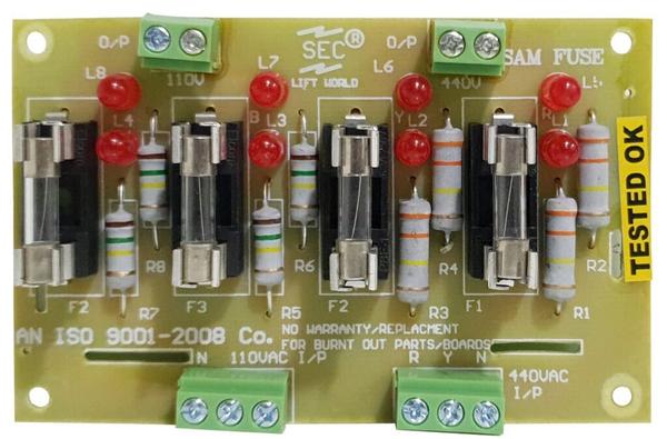 The Elevator/Lift Fuse card is a protection card which is used to increase the safety of the elevator cards and control panel. There are two inputs, one is 110 V AC & another one is 440 V AC. The four inputs are indicated by LEDs for visual aid in determining if there is supply at the input pins. The outputs are also of 110V AC and 440V AC and in between the inputs and outputs, fuse circuit is used. These fuses react to the amount of heat being produced by electricity passing through wires and/or components. They are used so as to protect wires and components from the extreme heat produced should there be an electrical overload or short circuit. If the fuse is blown then it is also indicated by another set of LEDs and thus the electrical connection is cut instantly thereby saving the elevator cards and control panel at the output.