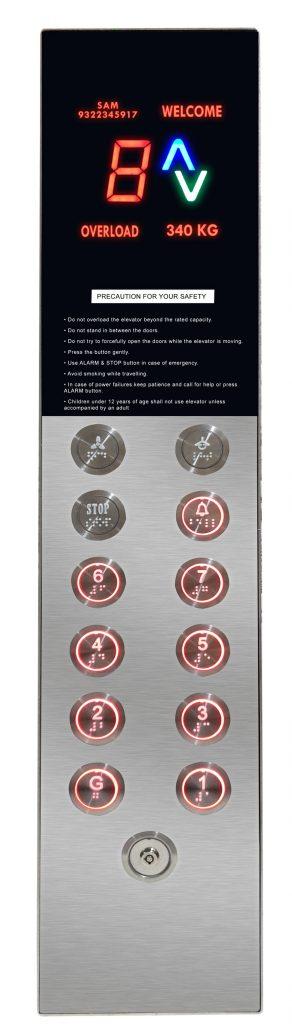 COP, also know as Cabin Operating Panel, is the main controlling unit inside the elevator/lift cabin used to give car calls. The COP is fitted inside the cabin wherein the different floors accessible are indicated via switches/buttons. The passenger can use it to give the command to the control panel for moving the cabin towards any particular floor.Our COPs are available in various casing and made up of different materials. We have Full Acrylic COP, Full Stainless Steel COP, Stainless Steel & Acrylic COP, Designer Acrylic COP as well as Access Controller based COP. The display card available is Single & Double-Digit Dot-matrix display, Single & Double Digit 7 Segment Display, Monochrome LCD, Colour LCD, etc.We have also made provision to include time/clock display as well as temperature display in our display cards.The full stainless steel COPs can also be laser engraved with the society/customer/company’s name or any text required. In the same way, the Acrylic COPs can have any coloured logo/text printed for better brand visibility.List of COPs we manufacture:-Full Acrylic COP (Black)Full Stainless Steel COPHalf Steel Half Acrylic COP (Black)Full Golden Plate COPDesigner/Printed Acrylic COPElevator Access Controller in Acrylic or Steel COP (available in RFID & Biometric/fingerprint variants)Touch-based COPTouch-less COP (contact-less COP)