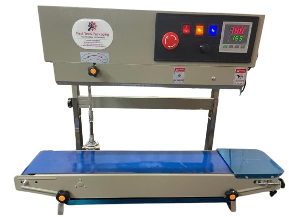 First Tech Packaging, Indore, we have an exclusive range of Best-Quality at Low-Cost MS-Body Vertical Continuous Band Sealer up to 3 Kg Load Capacity for Pouch Packaging of FMCG Products.