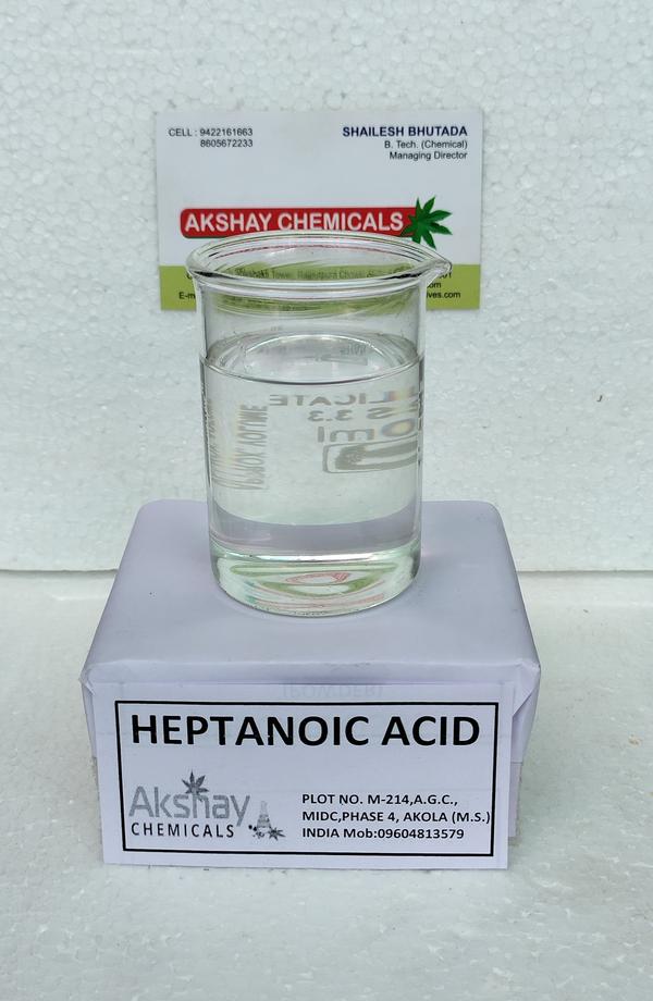 Heptanoic Acid is a fatty acid and is widely distributed in  nature as a component of animal and vegetable fats.Heptanoic Acid is an organic compound composed of seven-carbon chain terminating in a carboxylic  acid. It is an oily liquid with  an unpleasant, rancid odor. It contributes to the odor of some rancid oils.Specifications:                                                                   PARAMETERS                       SPECIFICATIONS                            Synonyms                             Enanthic Acid, Hepthylic Acid , Oenanthic acidCAS No.                                 111-14-8Formula                                C7H18O2Purity                                    98% Min. by GCAcid Value                            420 – 430Saponification Value          420 – 430Water Content %                0.5 % MaxAppearance & Color C  zolorless to Pale Yellow to LiquidPackaging 200 KGS Net HMHDPE Drum