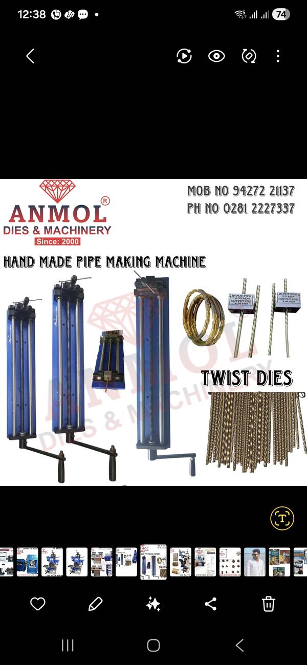 ANMOL DIES & MACHINERY®

Since 2000 | Trusted Jewellery Machinery Manufacturer

Hand Made Pipe Making Machine with Twist Dies

Precision Jewellery Pipe & Twist Wire Manufacturing Solution

Anmol Dies & Machinery presents a high-performance Hand Made Pipe Making Machine designed for jewellery manufacturers who demand precision, durability, and consistent output. Built with heavy-duty components and paired with premium Twist Dies, this machine delivers smooth, uniform pipes and twisted wires suitable for gold, silver, and other precious metals.

🔧 Product Overview

Our hand-operated pipe making machine is engineered for accuracy and ease of use. It is ideal for small to medium jewellery workshops as well as large-scale production units that require reliable manual control with superior finish quality.

Applications:

Gold & Silver Pipe Making

Twist Wire / Rope Design Creation

Jewellery Chains, Bangles & Decorative Components

⭐ Key Features

Heavy-duty steel body for long life

Smooth manual operation with precision screw system

High accuracy pipe diameter control

Compatible with multiple Twist Dies designs

Low maintenance & workshop-friendly

Suitable for gold, silver, copper & alloys

🧰 Twist Dies – Premium Quality

Our Twist Dies are manufactured with hardened steel for extended durability and perfect symmetry.

Advantages:

Uniform twist pattern

High polish finish

Long-lasting cutting edges

Available in multiple sizes & patterns