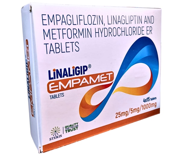 LINALIGIP EMPAMET (Empagliflozin, Linagliptin, and Metformin Hydrochloride ER Tablets) stands out as a comprehensive triple therapy for adults with type 2 diabetes mellitus, combining three synergistic agents to tackle hyperglycemia from multiple angles. This once-daily extended-release formulation simplifies adherence while delivering robust glycemic control, weight management, and cardiovascular protection. Patients often seek it for its convenience in managing blood sugar levels when diet, exercise, and single agents fall short.​Product Description and CompositionLINALIGIP EMPAMET features Empagliflozin (typically 10-25mg), Linagliptin (5 mg), and Metformin Hydrochloride ER (up to 1000mg) in a single tablet, designed for prolonged release to minimize gastrointestinal upset. Empagliflozin, an SGLT2 inhibitor, blocks glucose reabsorption in the kidneys, promoting its excretion via urine. Linagliptin, a DPP-4 inhibitor, enhances incretin hormones like GLP-1 to boost insulin secretion and suppress glucagon. Metformin ER reduces hepatic glucose production and improves insulin sensitivity without hypoglycemia risk.​This unique blend from Steris Healthcare ensures steady drug delivery over 24 hours, reducing peak-trough fluctuations for stable HbA1c reductions of 1.5-2.0%. The extended-release metformin coats the tablet core, dissolving gradually in the intestines for better tolerability compared to immediate-release forms. Ideal for Indian patients facing rising diabetes prevalence, it addresses insulin resistance, postprandial spikes, and caloric overload holistically.​Mechanism of ActionThe triple mechanism targets key diabetes pathways: Empagliflozin inhibits SGLT2 in proximal renal tubules, lowering blood glucose by 70-90g daily through glycosuria, independent of insulin. Linagliptin selectively binds DPP-4, prolonging GLP-1 and GIP activity to stimulate glucose-dependent insulin release from beta cells and curb glucagon-mediated gluconeogenesis. Metformin activates AMPK in hepatocytes, inhibiting gluconeogenesis while enhancing peripheral glucose uptake.​Synergy amplifies effects—SGLT2 inhibition provides insulin-independent control, DPP-4 boosts prandial responses, and metformin tackles fasting hyperglycemia—resulting in complementary HbA1c drops without overlapping toxicities. Clinical data show this combination yields superior efficacy over dual therapies, with added osmotic diuresis aiding fluid balance.​Uses and IndicationsLINALIGIP EMPAMET treats type 2 diabetes in adults, as adjunct to diet and exercise, especially when metformin alone or dual therapy inadequately controls glycemia. Primary uses include newly diagnosed patients needing intensification, those with obesity (due to weight loss from glycosuria), and high-risk cardiovascular profiles benefiting from empagliflozin's heart protection. It excels in managing postprandial hyperglycemia, fasting glucose, and preventing complications like nephropathy.​Prescribed for patients intolerant to other agents or requiring simplified regimens, it suits Indian demographics with high metabolic syndrome rates. Not for type 1 diabetes or ketoacidosis; renal function (eGFR >45 mL/min) guides initiation.​Key BenefitsLINALIGIP EMPAMET offers multifaceted advantages for long-term diabetes management:Superior Glycemic Control: Achieves 1.8% HbA1c reduction in trials, outperforming monotherapies by targeting multiple defects.​Weight Loss: Empagliflozin induces 3-5kg loss via caloric excretion, countering metformin's neutral effect.​Cardiovascular and Renal Protection: Reduces major adverse cardiac events (MACE) by 14% and slows CKD progression, per EMPA-REG outcomes.​Low Hypoglycemia Risk: Glucose-dependent actions of linagliptin and empagliflozin minimize lows, unlike sulfonylureas.​Convenience: Single-tablet ER dosing improves compliance, vital for busy lifestyles in Jaipur and beyond.​Blood Pressure Reduction: Mild diuretic effect lowers systolic BP by 3-5 mmHg.​These benefits enhance quality of life, reducing fatigue, neuropathy risks, and healthcare costs.Side EffectsCommon side effects mirror individual components but occur less due to synergy:Gastrointestinal: Metformin ER causes less nausea/diarrhea (10-15%) than IR forms; titrate slowly.​Genitourinary: Empagliflozin raises UTI/genital mycotic infection risk (5-10%), managed with hygiene.​Volume Depletion: Orthostatic hypotension in 2-3%, especially with diuretics.​Serious effects include lactic acidosis (rare, <1/100,000 with metformin in eGFR >30), ketoacidosis (euglycemic, 0.1%), and acute kidney injury. Monitor for dehydration, pancreatitis signs, or bullous pemphigoid with linagliptin. Hypersensitivity rash or bone fractures warrant discontinuation.​Side Effect Category	Frequency	ManagementNausea and Diarrhea	Common (10%)	Take with food, slow titration ​UTI/Mycotic Infections	Common (7%)	Hydration, antifungals ​Hypoglycemia	Rare (<2%)	With insulin, dose adjust ​Lactic Acidosis	Very Rare.	Avoid in renal/hepatic failure ​Ketoacidosis	Rare (0.1%)	Check ketones if nausea ​Dosage and AdministrationStart with Empagliflozin 10mg/Linagliptin 5mg/Metformin ER 1000mg once daily with morning meal to optimize absorption and reduce GI effects. Titrate metformin to 2000mg max based on tolerance; empagliflozin to 25mg if needed. Swallow whole; no crushing. Adjust for renal impairment (eGFR 30-45: max metformin 1000mg; <30 contraindicated). Elderly start low due to volume sensitivity.​Missed dose: Take soon if less than 12 hours late; skip otherwise. Discontinue pre-surgery or contrast use.Precautions and WarningsAssess eGFR before and 3-6 months after initiation; hold if <45. Caution in dehydration, heart failure, or liver disease risks lactic acidosis. Educate on ketoacidosis symptoms (nausea, fatigue) despite normal glucose. Avoid excessive alcohol; monitor BP in hypertensives. Pregnancy category D—use insulin instead. Breastfeeding is contraindicated.​Drug interactions: Adding sulfonylureas/insulin heightens hypoglycemia; rifampin reduces linagliptin levels; ritonavir boosts empagliflozin exposure.Frequently Asked QuestionsWhat is LINALIGIP EMPAMET used for?Controls type 2 diabetes via triple action on glucose excretion, incretins, and insulin sensitivity.​Does it cause weight gain?No—it promotes 2-4 kg loss, unlike some antidiabetics.​Safe for kidneys?Renal-protective; monitor eGFR.​Hypoglycemia risk?Minimal without sulfonylureas.ConclusionLINALIGIP EMPAMET revolutionizes type 2 diabetes care with its potent, convenient triple therapy, delivering glycemic mastery, weight benefits, and cardioprotection unmatched by singles or duos. Backed by landmark trials, it empowers patients toward complication-free lives when integrated with lifestyle changes. Consult physicians for personalized dosing to harness its full potential safely.