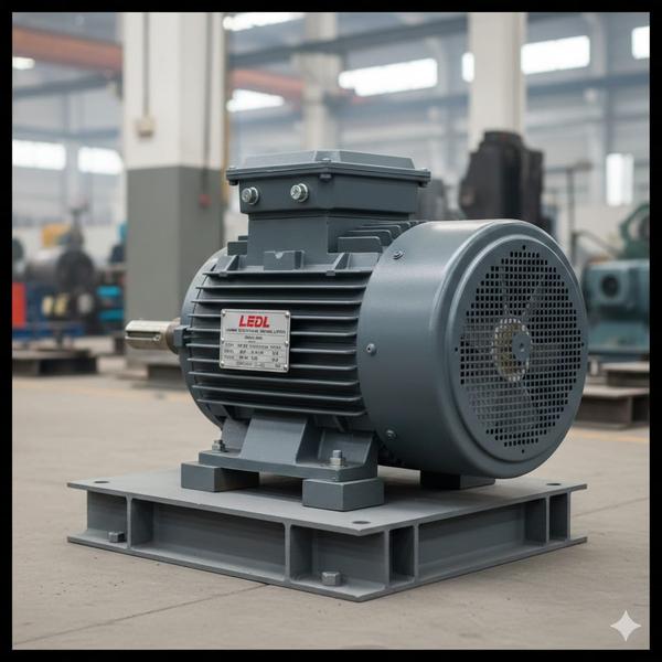 A LEDL (Lakshmi Electrical Drives Limited) 120hp, 6-pole flange mounted motor is a high-power industrial machine designed for heavy-duty applications. 
​Key Specifications
​Power Output: 120 HP (roughly 90 kW).
​Speed (RPM): A 6-pole motor typically runs at a synchronous speed of 1000 RPM (at 50Hz).
​Mounting Type: Flange Mounted (B5 or B35). This means the motor is attached to the machine using a circular plate (flange) at the front, rather than just sitting on feet.
​Efficiency: Usually available in IE2 (High Efficiency) or IE3 (Premium Efficiency) classes to save electricity.
​Construction: Typically made of a robust Cast Iron body with an IP55 protection rating (dust and water splash resistant).
​Why Use This Motor?
​High Torque: Because it is a 6-pole motor, it runs slower than a 2-pole or 4-pole motor but provides much higher starting torque. This is perfect for heavy loads.
​Direct Attachment: The flange mount allows it to be bolted directly to gearboxes, pumps, or large fans without needing a separate base plate