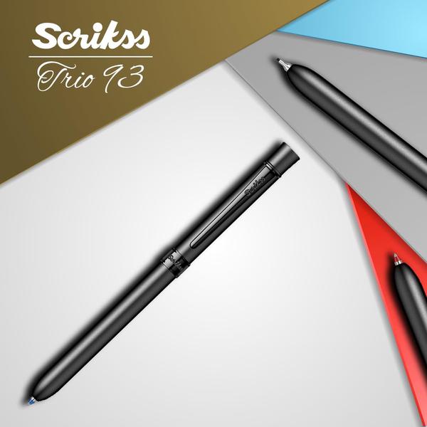 Scrikss Trio Sport 83 Matte Black Multi Pen 3 in 1 Ball Point With Red & Blue D1 Refills & Mechanical Pencil With 0.7mm Lead for Smooth Writing Stylish Elegant Pen for Office Gifting Purpose.* Lacquered brass upper & lower body with multiple layers of Matte Black lacquer.* Lacquered brass accessories with multiple layers of matt black lacquer. * Lacquered stainless steel clip with multiple layers of matt black lacquer.* 360 ° Twist mechanism. * Scrikss Multi Pen D1 Refill ( BLue & Red) + 0.7mm Scrikss Mechanical Pencil Lead.