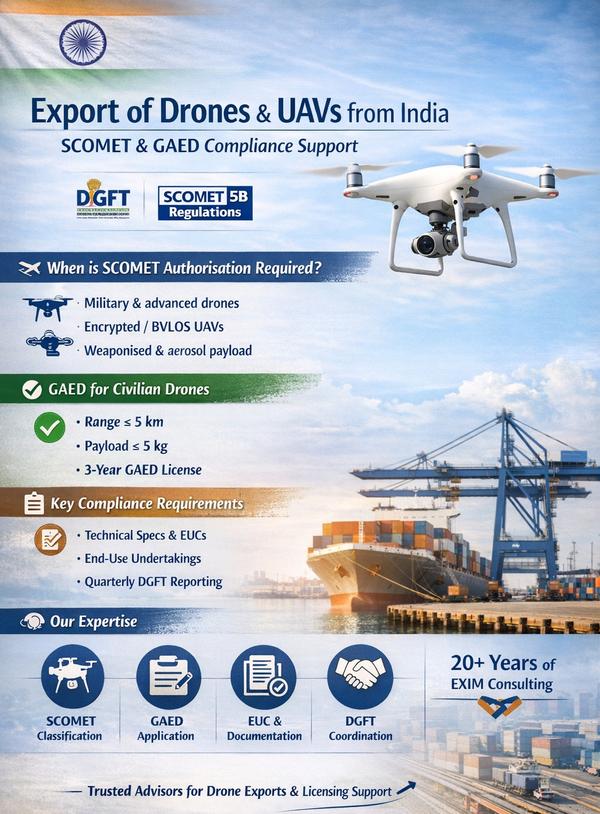 India has established itself as a significant manufacturing and innovation hub for drones and unmanned aerial vehicles (UAVs), catering to civil, commercial, industrial, agricultural, surveillance, mapping and logistics applications. With increasing global demand Indian manufacturers and exporters are actively exploring international markets.However, the export of drones from India is not a free export. It is governed by a strict regulatory framework under the Foreign Trade Policy (FTP), SCOMET regulations and national security considerations administered by the Directorate General of Foreign Trade (DGFT) in coordination with other security and technical agencies.Failure to comply with SCOMET or GAED requirements can result in export prohibition, seizure of goods, penalties, suspension of IEC and prosecution under the Foreign Trade (Development and Regulation) Act. Therefore, a clear understanding of export controls classification licensing requirements and post-export obligations is essential for any exporter dealing in drones UAVs or related technologies.This note provides a comprehensive overview of drone export regulations from India, focusing on SCOMET Category 5B, General Authorisation for Export of Drones (GAED) compliance obligations documentation and best practices.