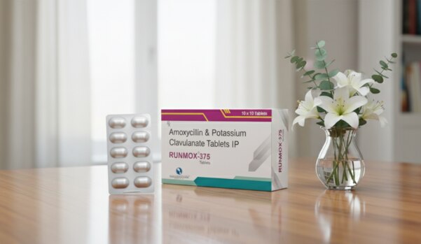 Brand Name: RUNMOX-375Generic Name: Amoxycillin & Potassium Clavulanate Tablets IPDosage Form: TabletsPack Size: 10 × 10 TabletsPrescription Status: Rx (Prescription medicine)Marketed by: Divine Dew BiotechComposition:-Each tablet contains:Amoxycillin – 250 mgPotassium Clavulanate – 125 mg(Equivalent to Amoxycillin & Clavulanic Acid combination – total 375 mg)*Therapeutic Class*Broad-spectrum antibiotic*Beta-lactam antibiotic with beta-lactamase inhibitorIndications / Uses:-*RUNMOX-375 is used for the treatment of bacterial infections such as:*Respiratory tract infections*Ear, nose, and throat (ENT) infections*Urinary tract infections*Skin and soft tissue infections*Dental infections*Mechanism of Action*Amoxycillin kills bacteria by inhibiting cell wall synthesis, while Clavulanate prevents bacterial resistance by inhibiting beta-lactamase enzymes, thereby enhancing the effectiveness of Amoxycillin.Dosage:-*To be taken as prescribed by a physician*Usually taken with food to reduce stomach discomfortStorage:-*Store in a cool, dry place*Protect from moisture and direct sunlight*Keep out of reach of childrenKey Note:-*This is a prescription-only medicine*Not effective against viral infections