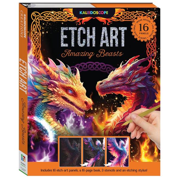 Kaleidoscope Etch Art Creations Amazing BeastsBring ocean to life with the magic of etch art- where every swipe reveals dazzling colour beneath!Features 8 pre-patterned sheets for guided fun and 8 blank panels for freestyle sketching and imaginative designs.Clear, easy-to-follow instructions help kids learn basic techniques and build confidence as they create.Reusable fantasy-themed stencils let kids add wings, horns, flames, and more with precision and flair.Durable stylus tool is designed for little hands and perfect for both outlining and filling in details.Encourages creativity, fine motor skills, and imaginative storytelling.