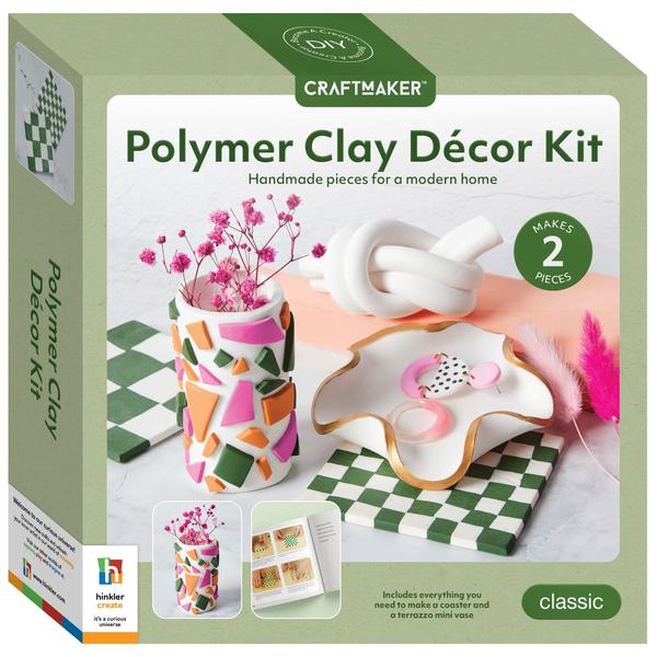 Craft Maker Polymer Clay Home Decor Kit, Craft a checkerboard coaster and a charming terrazzo mini vase, all with the versatile and easy-to-use craft of polymer clay. With a 24-page book filled with ideas, polymer clay and an acrylic rolling pin all included, it's the perfect way to let your imagination run wild! So mould, shape and blend modern colours to bring your creativity to life. * Kit includes: 24-page book, 180 g polymer clay and 1 acrylic rolling pin.* Kit materials make a coaster and mini-vase.