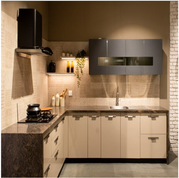 This L type kitchen completes your all requirements in the most compact way,this kitchen fits in your lowest budget with class of elegance too.the sturdy laminate option is value for money