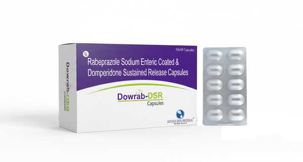 Dowrab-DSR Capsules are a combination medicine containing Rabeprazole Sodium (Enteric Coated) and Domperidone (Sustained Release), formulated to provide effective relief from acid-related gastrointestinal disorders. This dual-action therapy works by reducing excess stomach acid while improving gastric motility, ensuring long-lasting symptom control and digestive comfort.Rabeprazole is a proton pump inhibitor (PPI) that suppresses gastric acid secretion by inhibiting the acid-producing pumps in the stomach lining. Domperidone, a prokinetic agent, enhances gastrointestinal movement and prevents nausea, vomiting, and bloating. The sustained-release formulation ensures prolonged action and better patient compliance.Dowrab-DSR is commonly prescribed for conditions associated with hyperacidity and reflux, helping to heal acid damage to the stomach and esophagus while preventing acid regurgitation.