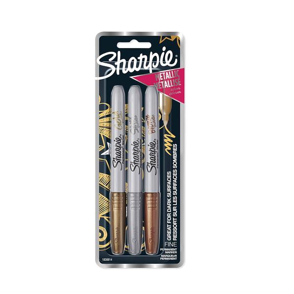 Sharpie Metallic Markers Set of 3 : Bronze, Gold, Silver
Opaque metallic ink is visible on most light and dark surfaces
Durable fine-point tip allows you to create precise lettering
Quick-drying permanent ink resists fading and smearing
Available in 3 shiny colors 