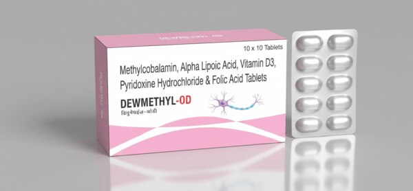 DEWMETHYL-OD Tablets are a comprehensive neuro-nutritional supplement formulated to support nerve health, improve vitamin deficiencies, and promote overall neurological well-being. This advanced combination of essential B-complex vitamins, antioxidants, and Vitamin D3 helps maintain healthy nerve function, energy metabolism, and cellular repair.Methylcobalamin (active Vitamin B12) plays a crucial role in nerve regeneration and myelin sheath protection. Alpha Lipoic Acid acts as a powerful antioxidant that helps reduce oxidative stress and supports nerve signaling. Pyridoxine (Vitamin B6) and Folic Acid contribute to red blood cell formation and neurological balance, while Vitamin D3 supports bone strength, muscle function, and immune health.DEWMETHYL-OD is commonly recommended in conditions associated with nerve weakness, nutritional deficiencies, fatigue, and general weakness, making it suitable for long-term nutritional support under medical supervision.