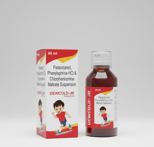 DEWCOLD-JR Suspension is a pediatric combination medicine formulated to provide effective relief from common cold and flu symptoms in children. It combines an analgesic, a nasal decongestant, and an antihistamine to address multiple symptoms such as fever, body pain, runny nose, sneezing, nasal congestion, and watery eyes.This pleasant-tasting suspension is easy to administer and is specially designed for children, ensuring fast and reliable symptom relief while improving overall comfort during cold-related illnesses.
