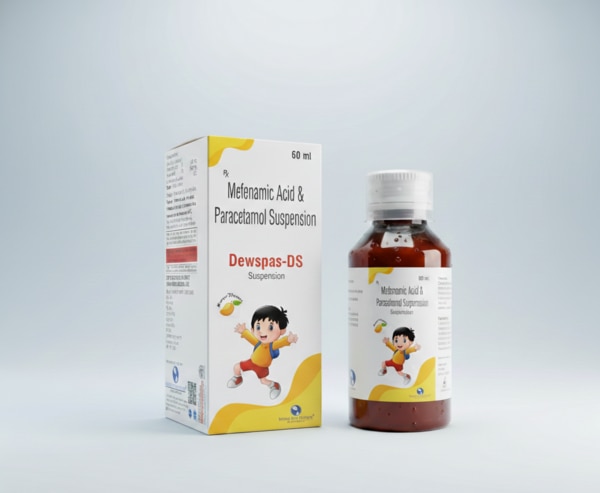 Dewspas-DS Suspension is a pediatric analgesic and antipyretic formulation containing a combination of Mefenamic Acid and Paracetamol. It is specially designed to provide effective relief from pain, inflammation, and fever in children. The pleasant flavored syrup base makes it easier for children to consume, ensuring better compliance during treatment.Each 5 ml of Dewspas-DS Suspension contains Mefenamic Acid IP 100 mg and Paracetamol IP 250 mg, working together to reduce body temperature, relieve mild to moderate pain, and control inflammation. This dual-action formula is commonly prescribed for conditions such as fever associated with infections, headache, toothache, earache, post-immunization fever, and other painful conditions in pediatric patients.Dewspas-DS is manufactured under WHO-GMP certified facilities and complies with quality standards, ensuring safety and efficacy when used as directed by a physician.