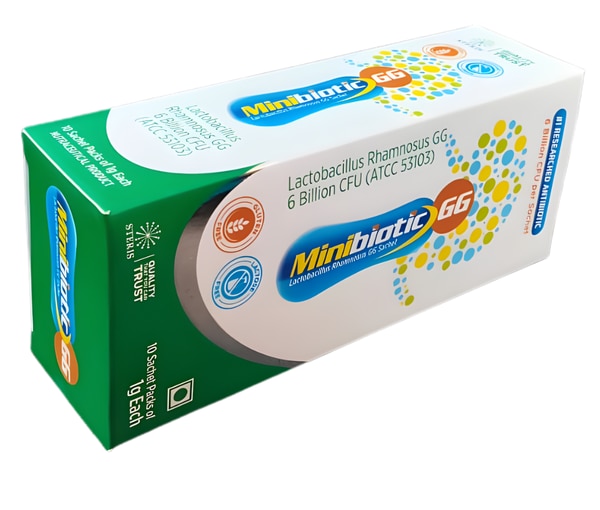 MINIBIOTIC GG is a scientifically validated probiotic formulation containing Lactobacillus rhamnosus GG (ATCC 53103), one of the most extensively researched probiotic strains in the world. This probiotic strain is known for its exceptional ability to survive stomach acid, adhere to the intestinal lining, and support a healthy balance of gut microflora.

Modern lifestyles, frequent antibiotic use, stress, poor dietary habits, and infections often disrupt the natural balance of beneficial bacteria in the gut. MINIBIOTIC GG is designed to restore and maintain this balance, supporting digestive health, immunity, and overall well-being. Due to its proven safety profile and clinical evidence, Lactobacillus rhamnosus GG is widely recommended for children, adults, and the elderly under medical guidance.

Uses of MINIBIOTIC GG

MINIBIOTIC GG is commonly used to support and manage a variety of gastrointestinal and immune-related conditions. It helps replenish beneficial gut bacteria and strengthens intestinal health.

Key Uses Include:

Management and prevention of antibiotic-associated diarrhea

Support in acute and chronic diarrhea

Maintenance of healthy gut flora

Improvement of digestive comfort and bowel regularity

Support for immune system function

Adjunct therapy in gastrointestinal infections

Support in lactose digestion and intolerance

Restoration of gut balance during stress or illness

This probiotic is often recommended during or after antibiotic therapy to reduce digestive disturbances and promote faster recovery of the gut microbiome.

How Lactobacillus rhamnosus GG Works

Lactobacillus rhamnosus GG works by colonizing the intestinal tract and creating a protective barrier against harmful microorganisms. Once ingested, the probiotic adheres to the gut lining and begins to multiply, producing beneficial substances such as lactic acid that help maintain an optimal intestinal environment.

It also:

Inhibits the growth of pathogenic bacteria

Enhances intestinal barrier function

Modulates immune responses

Supports healthy digestion and nutrient absorption

This mechanism makes MINIBIOTIC GG effective in maintaining long-term gut health and preventing recurrent digestive issues.

Key Benefits of MINIBIOTIC GG
1. Supports Digestive Health

MINIBIOTIC GG helps regulate bowel movements, reduces bloating, and supports overall digestive comfort. It is particularly beneficial for individuals experiencing frequent digestive upset.

2. Reduces Antibiotic-Associated Side Effects

Antibiotics can disrupt normal gut flora, leading to diarrhea and abdominal discomfort. Lactobacillus rhamnosus GG helps restore beneficial bacteria and minimizes these side effects.

3. Strengthens the Immune System

A large portion of the immune system resides in the gut. MINIBIOTIC GG supports immune defenses by enhancing gut-associated immune responses and reducing susceptibility to infections.

4. Helps Manage Diarrhea

Clinical studies have shown Lactobacillus rhamnosus GG to be effective in reducing the duration and severity of acute infectious diarrhea, especially in children.

5. Supports Gut Health in Children and Adults

This probiotic strain has been extensively studied in pediatric and adult populations, making it suitable for a wide age range when used as directed.

6. Improves Gut Barrier Function

MINIBIOTIC GG helps maintain the integrity of the intestinal lining, reducing gut permeability and supporting overall gastrointestinal health.

7. Promotes Microbial Balance

Regular use helps maintain a healthy balance between beneficial and harmful bacteria, reducing the risk of gut dysbiosis.

Side Effects of MINIBIOTIC GG

MINIBIOTIC GG is generally safe and well-tolerated when used as recommended. However, like all probiotic supplements, some individuals may experience mild and temporary side effects, especially during the initial days of use.

Common Side Effects

Mild bloating

Gas or flatulence

Abdominal discomfort

These effects usually resolve on their own as the body adjusts to the probiotic.

Rare Side Effects

Digestive discomfort in individuals with sensitive gastrointestinal systems

Very rare cases of infection in severely immunocompromised individuals

Patients with weakened immune systems, serious underlying medical conditions, or those undergoing intensive medical treatments should use probiotics only under medical supervision.

Precautions and Safety Information

Use under medical advice, especially in infants, elderly patients, or immunocompromised individuals

Store as directed to maintain probiotic viability

Do not exceed the recommended dosage

Not intended as a substitute for a balanced diet

Always consult a healthcare professional before starting MINIBIOTIC GG, particularly if you are pregnant, breastfeeding, or taking other medications.

Why Choose MINIBIOTIC GG?

MINIBIOTIC GG stands out due to its clinically proven strain, high safety profile, and effectiveness across various digestive and immune-related conditions. The inclusion of Lactobacillus rhamnosus GG (ATCC 53103) ensures consistent performance and reliable health benefits.

Key reasons to choose MINIBIOTIC GG:

One of the most researched probiotic strains globally

Proven efficacy in digestive and immune support

Suitable for children and adults

Supports gut health during and after antibiotic therapy

Conclusion

MINIBIOTIC GG, powered by Lactobacillus rhamnosus GG (ATCC 53103), is a trusted probiotic solution for maintaining and restoring gut health. Its clinically proven benefits in digestive support, immune enhancement, and diarrhea management make it a valuable addition to modern healthcare routines.