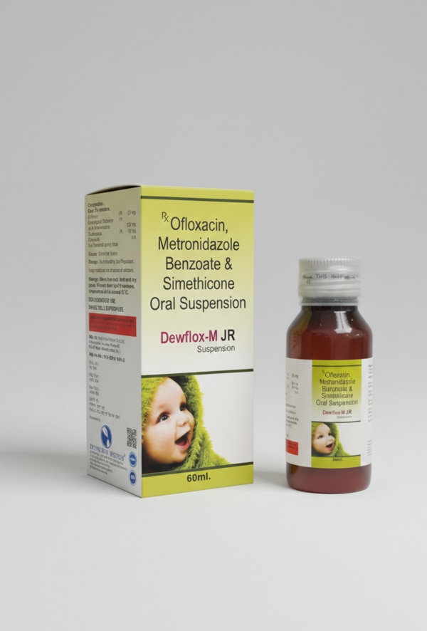 Dewflox-M JR Oral Suspension is a pediatric prescription medicine formulated with a combination of Ofloxacin, Metronidazole Benzoate, and Simethicone. It is specially designed to manage mixed bacterial and protozoal gastrointestinal infections in children, while also providing relief from associated gas, bloating, and abdominal discomfort. The flavored syrup base improves palatability, making it easier for children to take as directed by the physician.