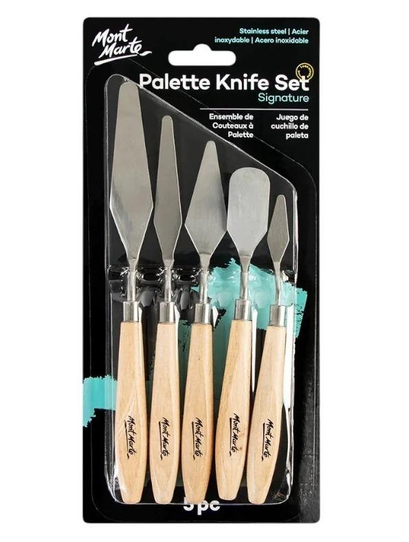 Mont Marte Signature Palette Knife Set of 5The Mont Marte Signature Palette Knife Set of 5 is a versatile toolset for artists who love texture and bold expression. Each knife features a flexible stainless steel blade with no cutting edge, making it perfect for applying paint directly onto your surface or for mixing on the palette. Ideal for creating impasto effects, laying flat color, or working thick with acrylics and oils. Whether you're a beginner or an advanced artist, this set supports creativity at every level.Set of 5 palette knives in assorted sizes and shapesFlexible stainless steel blades for smooth applicationNo cutting edge – safe and easy to handleIdeal for impasto effects, flat colour application, and paint mixingWorks well with oil, water mixable oil, and acrylic paintsSuitable for use with Mont Marte paints and mediumsGreat for abstract art, texture building, and layering techniquesComfortable handles designed for ease of useEasy to clean – wipe with cloth before paint driesUse With:Mont Marte Oil PaintsMont Marte H2o Water Mixable Oil PaintsMont Marte Dimension Acrylic PaintsMont Marte Satin Acrylic PaintsMont Marte MediumsHandy Tip:Do not allow paint to dry on the blades – always wipe clean after use with a cloth.