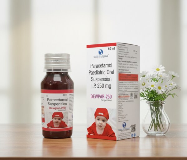 DEWPAR-250 Paracetamol Paediatric Oral Suspension is a carefully formulated medicinal product designed to provide safe, effective, and gentle relief from fever and pain in infants and children. Each 5 ml of the suspension contains Paracetamol I.P. 250 mg, a well-established analgesic and antipyretic widely recommended in paediatric care. The formulation is prepared in a pleasant-tasting flavoured syrup base to ensure better acceptance and ease of administration for young patients.This paediatric oral suspension is commonly prescribed to manage fever caused by infections such as viral fever, cold, flu, and post-immunization reactions. It is also effective in relieving mild to moderate pain associated with teething, headache, toothache, earache, sore throat, muscle pain, and general body discomfort in children. DEWPAR-250 works by inhibiting the production of prostaglandins in the brain, thereby helping to reduce pain sensation and regulate body temperature.DEWPAR-250 is manufactured under strict quality control standards to ensure safety, consistency, and therapeutic effectiveness. When used according to medical advice, it is gentle on the stomach and suitable for routine paediatric use. The suspension form allows for accurate dose adjustment based on the child’s age and body weight, making it an ideal choice for infants and growing children.