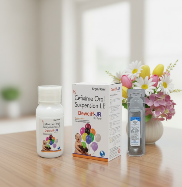 Dewciff-JR is a pediatric oral antibiotic formulation containing Cefixime, a third-generation cephalosporin. It is supplied as a dry syrup that is reconstituted with water to form a palatable oral suspension, making it suitable and convenient for infants and children. Dewciff-JR works by inhibiting bacterial cell wall synthesis, thereby effectively treating a wide range of bacterial infections in children.This medicine is commonly prescribed by pediatricians for infections of the respiratory tract, urinary tract, ear, nose, throat, and gastrointestinal system caused by susceptible bacteria. The pleasant taste and easy-to-measure liquid form help improve compliance in pediatric patients.