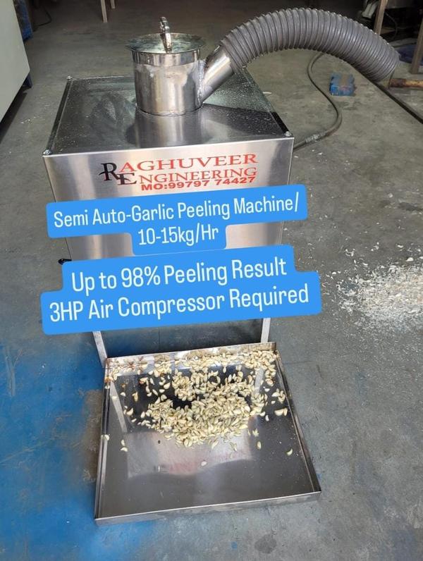 Mini Garlic Peeling Machine ManufacturersWe are also supply in Andhra Pradesh, Arunachal Pradesh, Assam, Bihar, Chhattisgarh, Goa, Gujarat, Haryana, Himachal Pradesh, Jharkhand, Karnataka, Kerala, Madhya Pradesh, Maharashtra, Manipur, Meghalaya, Mizoram, Nagaland, Odisha, Punjab, Rajasthan, Sikkim, Tamil Nadu, Telangana, Tripura, Uttar Pradesh, Uttarakhand, and West BengalType	Dry TypeProduct To Be Peeled	GarlicAutomation Grade	AutomaticUsage/Application	IndustrialMaterial	Stainless SteelElectricity Phase	Single PhaseWarranty	1 yearCountry of Origin	Made in IndiaI Deal In	New and Second HandCapacity	30 kg/hrMinimum order quantity: 50 PieceWelcome to RAGHUVEER ENGINEERING - Your Trusted Partner for Garlic Peeling Solutions! Looking for the perfect garlic peeling machine for your processing needs? You've come to the right place! At RAGHUVEER ENGINEERING, we specialize in designing, manufacturing, and delivering high-quality garlic peeling machines that streamline your production process and enhance efficiency. Product Features: Cutting-edge technology for precise and efficient peeling Stainless steel construction for durability and hygiene User-friendly interface for easy operation Customizable options to suit your specific requirements Compact design for space-saving installation Our Range of Machines: 10kg to 30kg/hr : Ideal for small-scale operations or restaurant kitchens. 50kg to 100kg/hr : Perfect for medium-sized production facilities. 150 to 1000kg/hr : Designed for large-scale industrial processing. Why Choose [Manufacturer Name]? Over 19 years of experience in the industry. Dedicated customer support team to assist you every step of the way. Global shipping options available for worldwide delivery. Comprehensive warranty coverage for peace of mind. Contact Us Today! Ready to revolutionize your garlic peeling process? Contact us today to learn more about our products and how they can benefit your business. Don't settle for anything less than the best � choose RAGHUVEER ENGINEERING for all your garlic peeling needs!