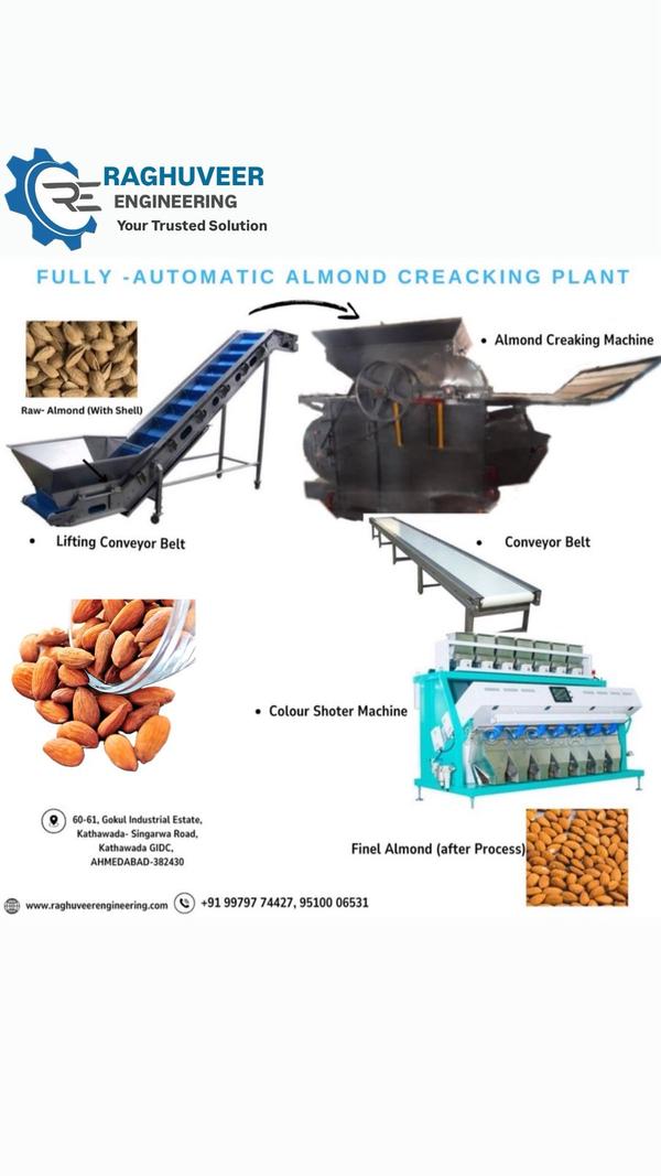 Almond Cracking Machine ManufacturersWe are also supply in Andhra Pradesh, Arunachal Pradesh, Assam, Bihar, Chhattisgarh, Goa, Gujarat, Haryana, Himachal Pradesh, Jharkhand, Karnataka, Kerala, Madhya Pradesh, Maharashtra, Manipur, Meghalaya, Mizoram, Nagaland, Odisha, Punjab, Rajasthan, Sikkim, Tamil Nadu, Telangana, Tripura, Uttar Pradesh, Uttarakhand, and West BengalCapacity	300 kg/hrOperation Mode	AutomaticElectricity Connection	Single PhaseMotor Power	2 HPMaterial of Construction (Contact)	MSPower Consumption	2 KwhSurface Finish	PaintedCapacity(kg)	300 kg/hrUsage/Application	IndustrialAutomation Grade	AutomaticVoltage	380 VWarranty	1 YearsFrequency	50 HzWe are successfully meeting the varied requirements of our clients by providing the best quality range of Raw Almonds Peeling Machine.