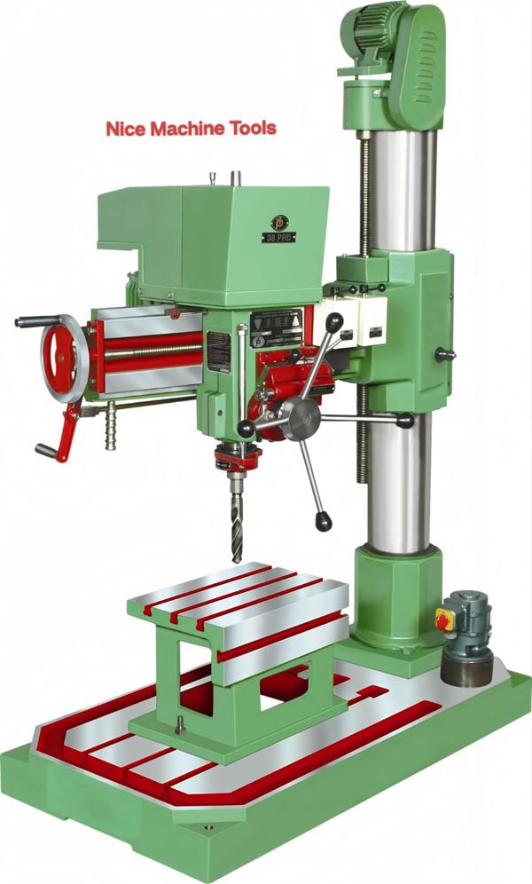 Capacitym.m.Drilling in Steel38Drilling in C.I.38Spindle travel225Spindle taperMT-4No. of spindle speeds8Range of spindle speeds65-1980No. of feed02Feed value mm/rev.0.08-0.04Working RangeColumn Diameter165Max./Minimum dist. between spindle centre to column face855/310Max./Minimum dist. between spindle nose to base plate860/200Vertical movement of arm on column--Size of base plate1285x685x130working surface of table465x340GeneralNumber/Centre distance of “T” slots for base plate3-138Size of “T” slots for base plateM-16Number/Centre distance of “T” slots for working table3-80Size of “T” slots for working tableM-16Weight of the machine (Approx.)950 kg.Overall dimension of the machine2000x1330x915Shipping dimension of the machine2100x1430x1015PowerDrilling head motor1.5 H.P./3ǿ -50Hz/1440 RPMArm elevating head motor0.5 H.P./3ǿ -50Hz/1440 RPMCoolant pump motor0.25 H.P./3ǿ -50Hz/2880 RPM'V'-Belt SizeDrilling head motorB-47
