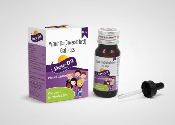 Dew-D3 Vitamin D3 (Cholecalciferol) Oral Drops is a high-quality pediatric nutritional supplement formulated to meet the daily Vitamin D requirements of infants and young children. Vitamin D3 is a fat-soluble vitamin that plays a vital role in the absorption and utilization of calcium and phosphorus, which are essential for the development of strong bones and teeth during early growth stages.Many infants and children are at risk of Vitamin D deficiency due to limited sun exposure, dietary insufficiency, or rapid growth needs. Dew-D3 Oral Drops help prevent and correct Vitamin D deficiency and support healthy skeletal development, reducing the risk of conditions such as rickets, delayed bone growth, and weak muscle function.Each milliliter of Dew-D3 Oral Drops contains 800 IU of Cholecalciferol (Vitamin D3), delivered in a pleasant, palatable syrupy base that is easy to administer and well accepted by children. The formulation includes appropriate overages of vitamins to maintain potency throughout the product’s shelf life.The pack is supplied with a calibrated dropper, allowing precise and accurate dosing as recommended by a healthcare professional. This makes Dew-D3 especially suitable for infants and young children who require carefully measured doses.Dew-D3 also supports the immune system by enhancing the body’s natural defense mechanisms, helping children stay healthy and active. Regular supplementation under medical guidance contributes to overall growth, improved bone mineralization, and better physical development.