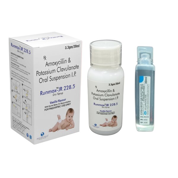 Runmox™-JR 228.5 Dry Syrup is a pediatric antibiotic formulation containing Amoxycillin and Potassium Clavulanate, widely used for the treatment of a broad range of bacterial infections in infants and children. This combination works effectively by killing bacteria and preventing them from developing resistance to treatment.The presence of Clavulanic Acid enhances the action of Amoxycillin by inhibiting beta-lactamase enzymes produced by resistant bacteria, thereby extending the antibiotic’s spectrum of activity.The dry syrup is supplied with sterile water for reconstitution, ensuring accurate preparation and safe administration. Its pleasant vanilla flavour improves palatability, making it easier for children to take the medicine as prescribed.