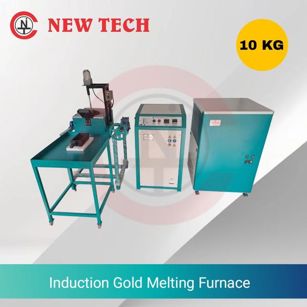 Induction Gold Melting Furnace is based on the latest and most advanced IGBT induction technology.Induction Gold Melting Furnace/Machine is extensively used in Jewellery workshop, Jewellery showroom, Gold casting, Gold refining, Refinery, Bullion, chain making, Bangle making, Retail showrooms, Lab and Research Institute. Technical Details : Input Voltage - 415 VAC Power Supply - Three Phase Melting Material - Gold Brand - NEW TECH Technology - IGBTMax Temperature - 1200 Degree Melting Time - 10 min * Frequency - 50 HZ / 60 HZ Absorbed Power - 12 Kw Capacity of Crucible - 10 Kg Temperature Measurement - K type Cooling Water Temperature - 20 to 30 degree Water Pressure - 3 Bar Maximum Water Flow - 20 Lit/ Min Weight ( with chilling unit ) - 220 Kg Manufacturer - NEW TECH INDUCTION COMPANY