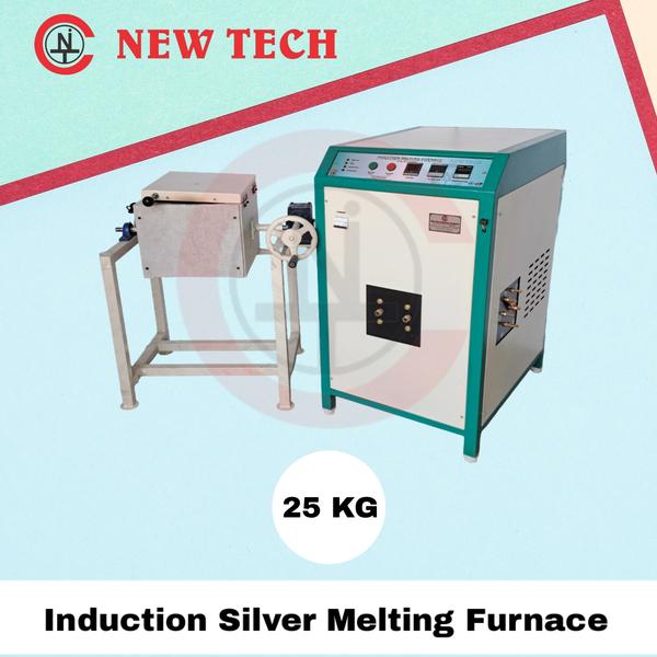 Induction Silver Melting Furnace is based on the latest and most advanced IGBT induction technology.Induction Silver Melting Furnace/Machine is extensively used in Jewellery workshop, Silver casting, Refinery, Bullion, chain making, Bangle making, Lab and Research Institute. Technical Details : Input Voltage - 415 VAC Power Supply - Three Phase Melting Material - SilverBrand - NEW TECH Technology - IGBTMax Temperature - 1200 Degree Melting Time - 5 min * Frequency - 50 HZ / 60 HZ Absorbed Power - 5 Kw Capacity of Crucible - 2 Kg Temperature Measurement - K type Cooling Water Temperature - 20 to 30 degree Water Pressure - 3 Bar Maximum Water Flow - 20 Lit/ Min Weight ( with chilling unit ) - 220 Kg Manufacturer - NEW TECH INDUCTION COMPANY