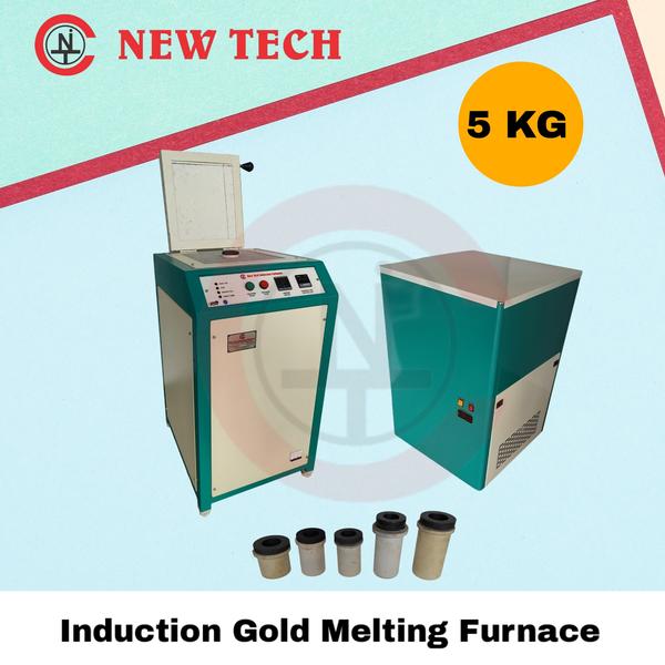 Induction Gold Melting Furnace is based on the latest and most advanced IGBT induction technology.Induction Gold Melting Furnace/Machine is extensively used in Jewellery workshop, Jewellery showroom, Gold casting, Gold refining, Refinery, Bullion, chain making, Bangle making, Retail showrooms, Lab and Research Institute. Technical Details : Input Voltage - 415 VAC Power Supply - Three Phase Melting Material - Gold Brand - NEW TECH Technology - IGBTMax Temperature - 1200 Degree Melting Time - 5 min * Frequency - 50 HZ / 60 HZ Absorbed Power - 8 Kw Capacity of Crucible - 2 Kg Temperature Measurement - K type Cooling Water Temperature - 20 to 30 degree Water Pressure - 3 Bar Maximum Water Flow - 20 Lit/ Min Weight ( with chilling unit ) - 220 Kg Manufacturer - NEW TECH INDUCTION COMPANY