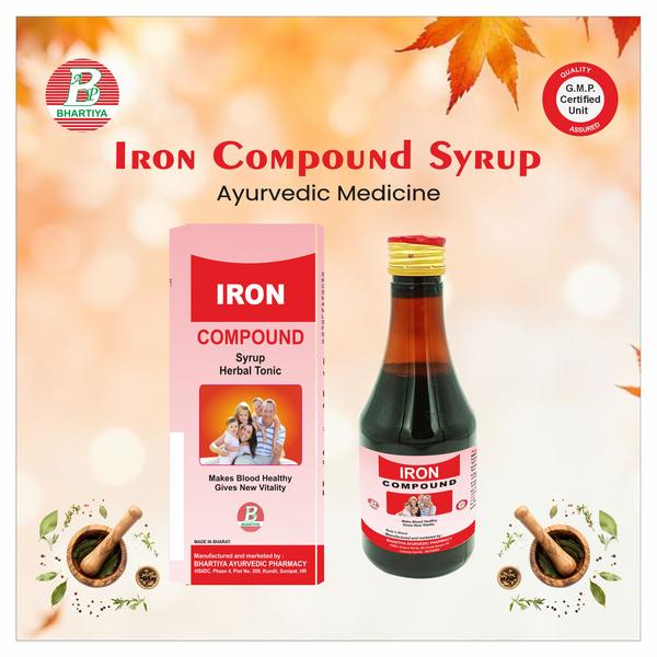                                         IRON COMPOUND SYRUP 

Product Identification
•	Generic Name: Iron Compound Syrup
•	Type: Ayurvedic Patent Medicine
•	Primary Indication Area: Management of iron deficiency, anaemia, general debility, and weakness associated with low haemoglobin.
 Therapeutic Indications 
 Iron Deficiency Anaemia:
•	Treatment and prevention of anaemia due to iron deficiency.
Low Hemoglobin / General Weakness:
•	Helps in improving haemoglobin levels and reducing fatigue or weakness.
  Postpartum Recovery:
•	Supports mothers after childbirth to restore iron levels and overall vitality.
Growth and Development in Children:
•	Supplementary iron for children with nutritional deficiency leading to growth retardation or pallor.
 Supportive Therapy in Chronic Illness:
•	As an adjunct in conditions causing chronic blood loss, malabsorption, or poor appetite.
 Ayurvedic Perspective:
•	Balances Rakta dhatu (blood tissue) and Pitta dosha, supporting overall vitality and strength.

Key benefits:
1.	Prevents and Treats Iron Deficiency:
o	Restores iron levels and combats anaemia effectively.
2.	Improves Hemoglobin & Red Blood Cell Count:
o	Enhances oxygen-carrying capacity, reducing fatigue and weakness.
3.	Boosts Energy & Vitality:
o	Helps in overcoming general debility and tiredness.
4.	Supports Growth & Development:
o	Beneficial for children with nutritional deficiencies and slow growth.
5.	Promotes Postpartum Recovery:
o	Aids mothers in regaining strength and replenishing iron stores after childbirth.
6.	Ayurvedic Wellness Support:
o	Strengthens Rakta dhatu (blood tissue) and balances Pitta dosha, promoting overall health.
7.	Safe & Gentle on Stomach:
o	Formulated to minimize gastrointestinal discomfort often associated with iron supplements.

Ingredient: 
Safed Chandan (Santalum album)
Botanical Name: Santalum album
Key Phytoconstituents:
•	α- and β-santalol (terpenoids)
•	Flavonoids (luteolin, quercetin)
•	Tannins / Polyphenols
•	Minerals (calcium, potassium, magnesium)
Mechanism of Action (Iron Deficiency & Blood Health):
1.	Restores Iron Levels: Supplies elemental iron to replenish body stores.
2.	Boosts Hemoglobin & RBC Production: Enhances red blood cell formation and oxygen transport.
3.	Reduces Fatigue & Weakness: Improves tissue oxygenation, increasing energy.
4.	Protects Blood Cells: Antioxidants in supportive herbs prevent oxidative damage.
5.	Purifies & Strengthens Blood (Ayurvedic view): Improves Rakta dhatu and balances Pitta.

