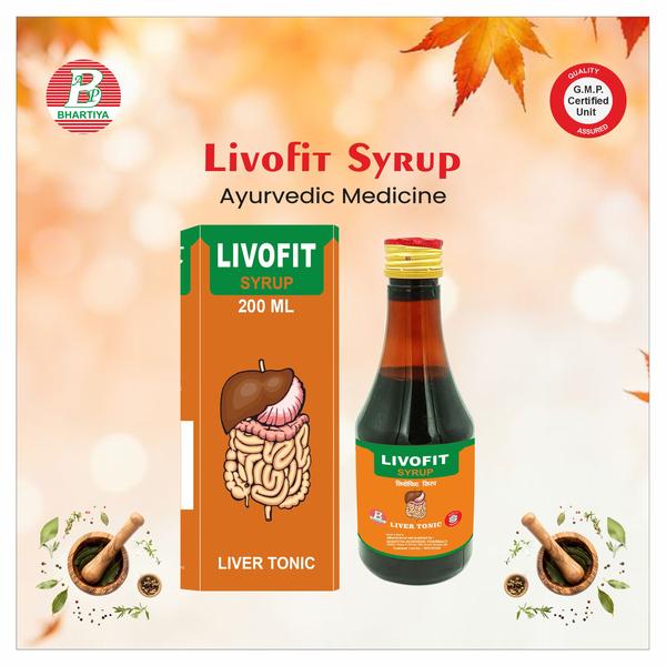                                         LIVOFIT SYRUP 

Product Identification
•	Generic Name: Livofit Syrup
•	Type: Ayurvedic Patent Medicine
•	Primary Indication Area: Management and support of liver disorders, impaired digestion, and loss of appetite.

Therapeutic Indications
Indicated for the management of liver dysfunction, hepatomegaly, fatty liver, loss of appetite, and digestive disturbances.
Key benefits:
•	Supports healthy liver function and regeneration of liver cells
•	Aids in detoxification and elimination of toxins
•	Improves appetite and digestion
•	Helps manage fatty liver and hepatomegaly
•	Protects the liver from damage due to medications or toxins
•	Enhances overall metabolism and vitality
 

Ingredient: 
 Revandchini 
Botanical Name: Rheum emodi
Key Phytoconstituents:
•	Anthraquinones (Emodin, Rhein, Chrysophanol)
•	Tannins
•	Flavonoids
•	Glycosides
Mechanism of Action for Liver Support:
1.	Hepatoprotective Action
o	Emodin and rhein help protect liver cells from toxin-induced damage.
o	Supports regeneration and normal functioning of hepatocytes.
2.	Detoxification Support
o	Promotes elimination of metabolic wastes and toxins through mild laxative action.
o	Reduces toxin load on the liver.

Punarnava 
Botanical Name: Boerhavia diffusa
Key Phytoconstituents:
•	Punarnavoside
•	Boeravinones (A–F)
•	Flavonoids
•	Alkaloids
•	Steroids
Mechanism of Action for Liver Health:
1.	Hepatoprotective Action
o	Protects liver cells from toxin-induced damage and supports regeneration.
o	Useful in liver enlargement and impaired liver function.
2.	Diuretic & Detoxifying Effect
o	Promotes elimination of excess fluids and metabolic wastes.
o	Helps reduce hepatic congestion and edema.

Chitrak 
Botanical Name: Plumbago zeylanica 
Key Phytoconstituents:
•	Plumbagin – main bioactive compound
•	Flavonoids – antioxidant and anti-inflammatory effects
•	Alkaloids – therapeutic activity
•	Tannins – astringent and protective properties
Mechanism of Action for Liver Health:
1.	Hepatoprotective Action
o	Plumbagin helps protect liver cells from damage caused by toxins.
o	Supports regeneration of hepatocytes and normal liver function.
2.	Digestive & Metabolic Support
o	Stimulates digestive enzymes and bile secretion.
o	Aids in fat metabolism and improves overall digestion.

Giloy (Tinospora cordifolia)
Key Phytoconstituents:
•	Alkaloids (e.g., Berberine, Magnoflorine) – immunomodulatory and hepatoprotective
•	Diterpenoid lactones – anti-inflammatory and antioxidant
•	Glycosides – therapeutic activity
•	Polysaccharides – immunomodulatory and liver-supporting
Mechanism of Action for Liver Health:
1.	Hepatoprotective Action
o	Protects liver cells from oxidative and toxin-induced damage.
o	Supports regeneration of hepatocytes and normal liver function.
2.	Detoxification Support
o	Promotes elimination of metabolic waste and toxins, reducing liver burden.

Tulsi 
Botanical Name: Ocimum sanctum 
Key Phytoconstituents:
•	Eugenol – antioxidant and anti-inflammatory
•	Ursolic acid – hepatoprotective and anti-inflammatory
•	Flavonoids – antioxidant activity
•	Tannins – protective and astringent properties
•	Rosmarinic acid – anti-inflammatory and detoxifying
Mechanism of Action for Liver Health:
1.	Hepatoprotective Action
o	Protects liver cells from damage caused by toxins and oxidative stress.
o	Supports regeneration of hepatocytes and normal liver function.
2.	Antioxidant Activity
o	Neutralizes free radicals, reducing oxidative damage in liver tissues.

Bhringraj 
Botanical Name: Eclipta alba 
Key Phytoconstituents:
•	Wedelolactone – hepatoprotective and anti-inflammatory
•	Ecliptine – supports liver function
•	Flavonoids – antioxidant activity
•	Alkaloids – therapeutic effects
•	Coumestans – protect liver cells from damage
Mechanism of Action for Liver Health:
1.	Hepatoprotective Action
o	Protects liver cells from toxin-induced damage.
o	Supports regeneration of hepatocytes and overall liver function.
2.	Antioxidant Activity
o	Scavenges free radicals, preventing oxidative stress in liver tissues.

Vaividang 
Botanical Name: Embelia ribes
Key Phytoconstituents:
•	Embelin – primary bioactive compound with hepatoprotective and antioxidant properties
•	Flavonoids – antioxidant and anti-inflammatory activity
•	Tannins – protective and astringent effects
•	Glycosides – contribute to therapeutic activity
Mechanism of Action for Liver Health:
1.	Hepatoprotective Action
o	Protects liver cells from toxin-induced damage.
o	Supports regeneration and normal functioning of hepatocytes.
2.	Antioxidant Activity
o	Scavenges free radicals and reduces oxidative stress in liver tissues.

Kashni 
Botanical Name: Cichorium intybus 
Key Phytoconstituents:
•	Inulin – prebiotic and liver-supportive
•	Phenolic acids (Chlorogenic acid, Caffeic acid) – antioxidant activity
•	Flavonoids – hepatoprotective and anti-inflammatory
•	Tannins – protective effects on liver cells
•	Sesquiterpene lactones – stimulate bile secretion
Mechanism of Action for Liver Health:
1.	Hepatoprotective Action
o	Protects liver cells from toxin-induced and oxidative damage.
o	Supports regeneration of hepatocytes and overall liver function.
2.	Detoxification & Bile Stimulation
o	Stimulates bile production, aiding digestion and toxin elimination.
o	Supports liver detoxification processes.

Kalmegh 
Botanical Name: Andrographis paniculata
Key Phytoconstituents:
•	Andrographolide – main bioactive compound with hepatoprotective and anti-inflammatory properties
•	Flavonoids – antioxidant and liver-protective activity
•	Diterpenoids – support liver function and reduce inflammation
•	Glycosides – therapeutic activity
Mechanism of Action for Liver Health:
1.	Hepatoprotective Action
o	Protects liver cells from toxin-induced damage.
o	Supports regeneration of hepatocytes and maintains normal liver function.
2.	Detoxification Support
o	Enhances elimination of metabolic wastes and toxins, reducing liver burden.

Arjun 
Botanical Name: Terminalia arjuna
Key Phytoconstituents:
•	Triterpenoids (Arjunolic acid, Arjunic acid) – cardioprotective and antioxidant
•	Flavonoids – antioxidant and anti-inflammatory
•	Glycosides – therapeutic activity
•	Tannins – protective effects on tissues
Mechanism of Action for Liver Health:
1.	Hepatoprotective Action
o	Protects liver cells from oxidative and toxin-induced damage.
o	Supports regeneration of hepatocytes and overall liver function.
2.	Antioxidant Activity
o	Neutralizes free radicals, preventing oxidative stress in liver tissues.
